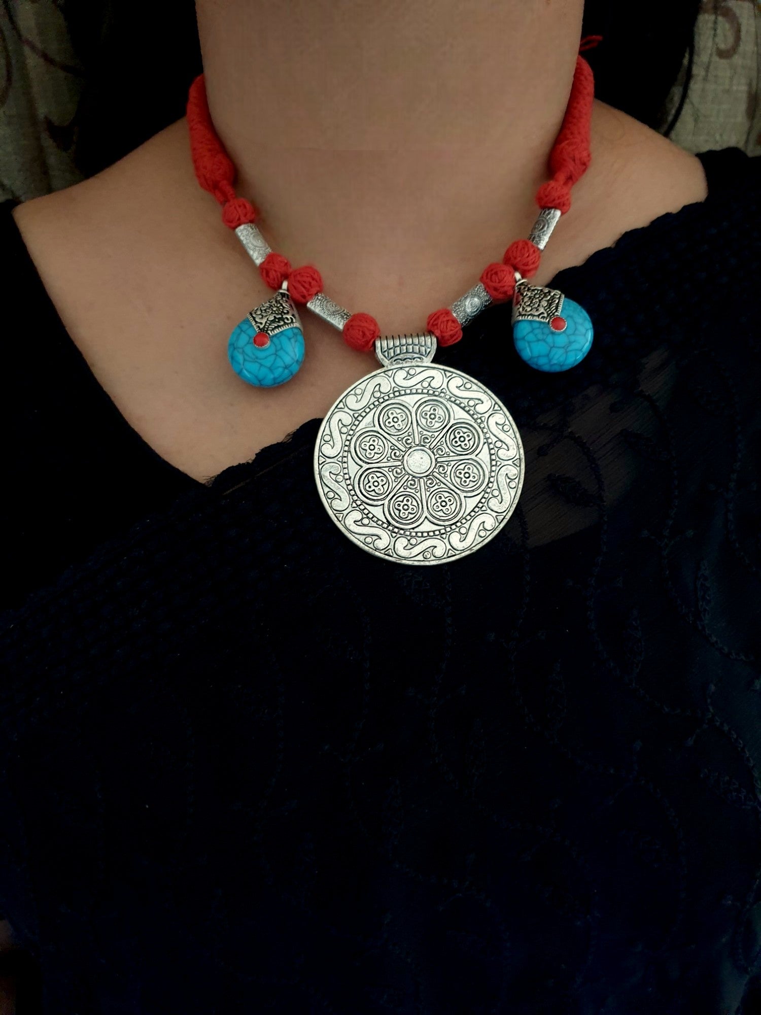 Red Thread Oxidised Silver Turquoise Necklace Set