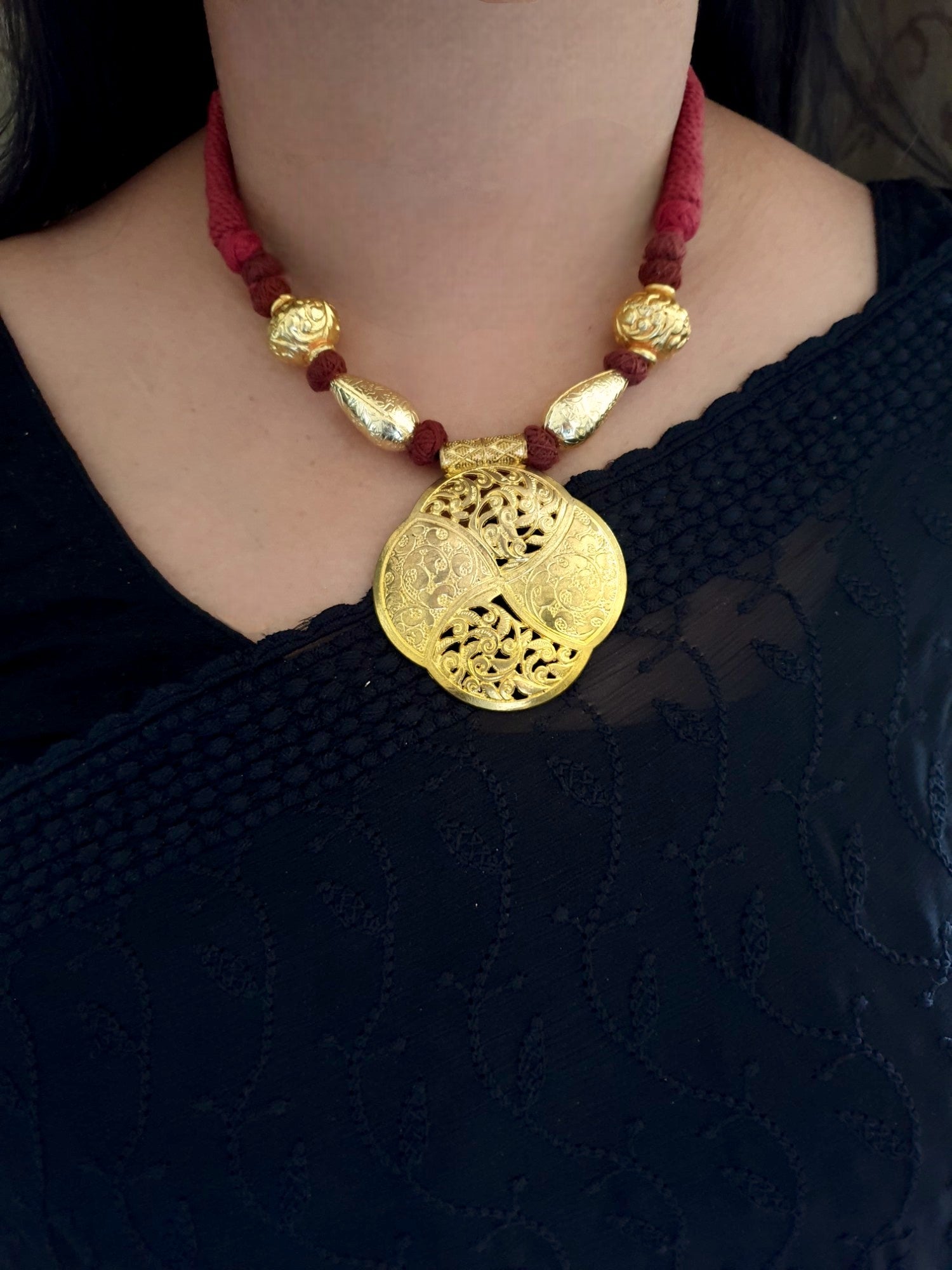 Oxidised Gold Tone Maroon Thread Necklace