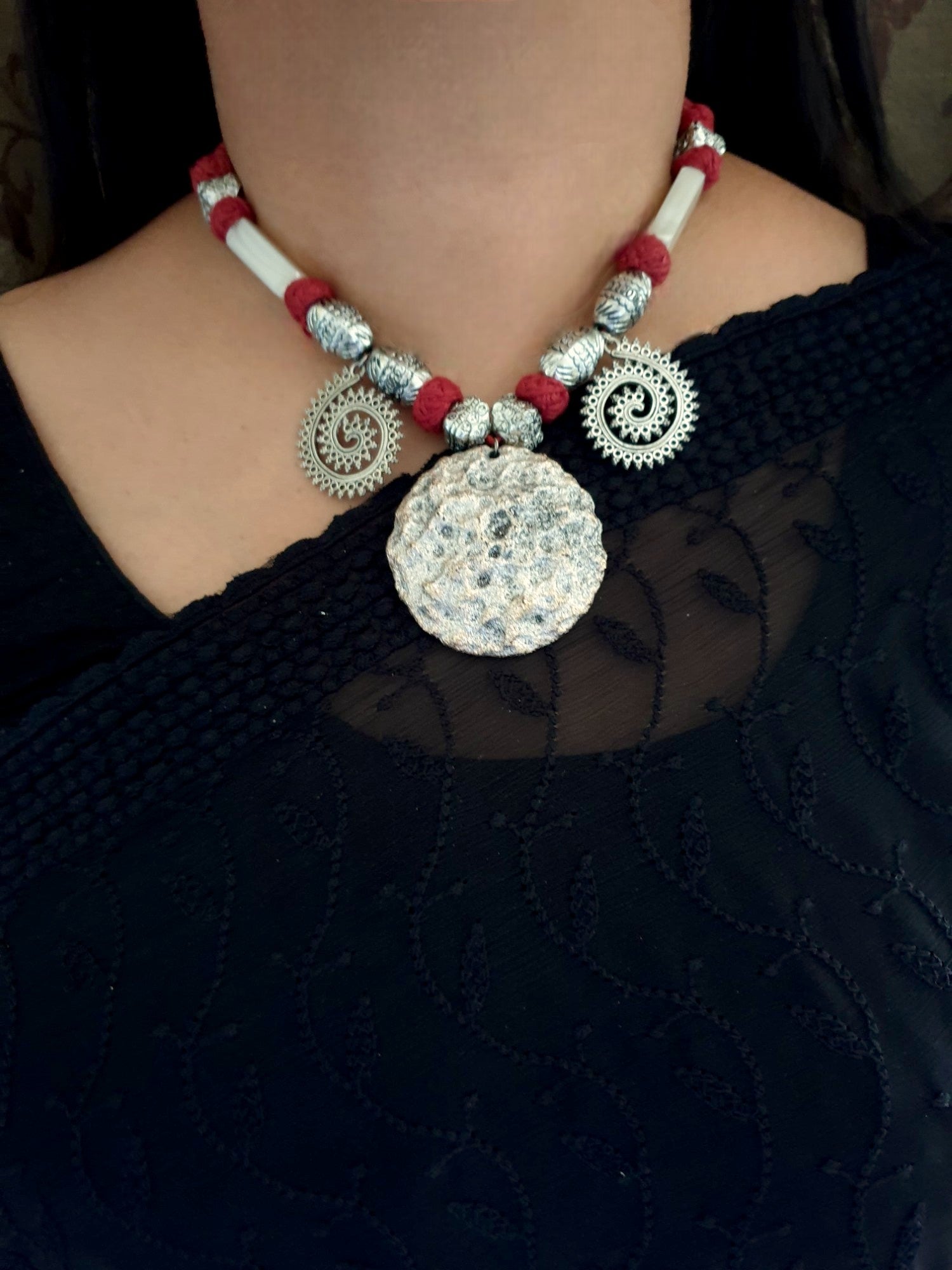 Oxidised Silver Tone Maroon Thread Necklace