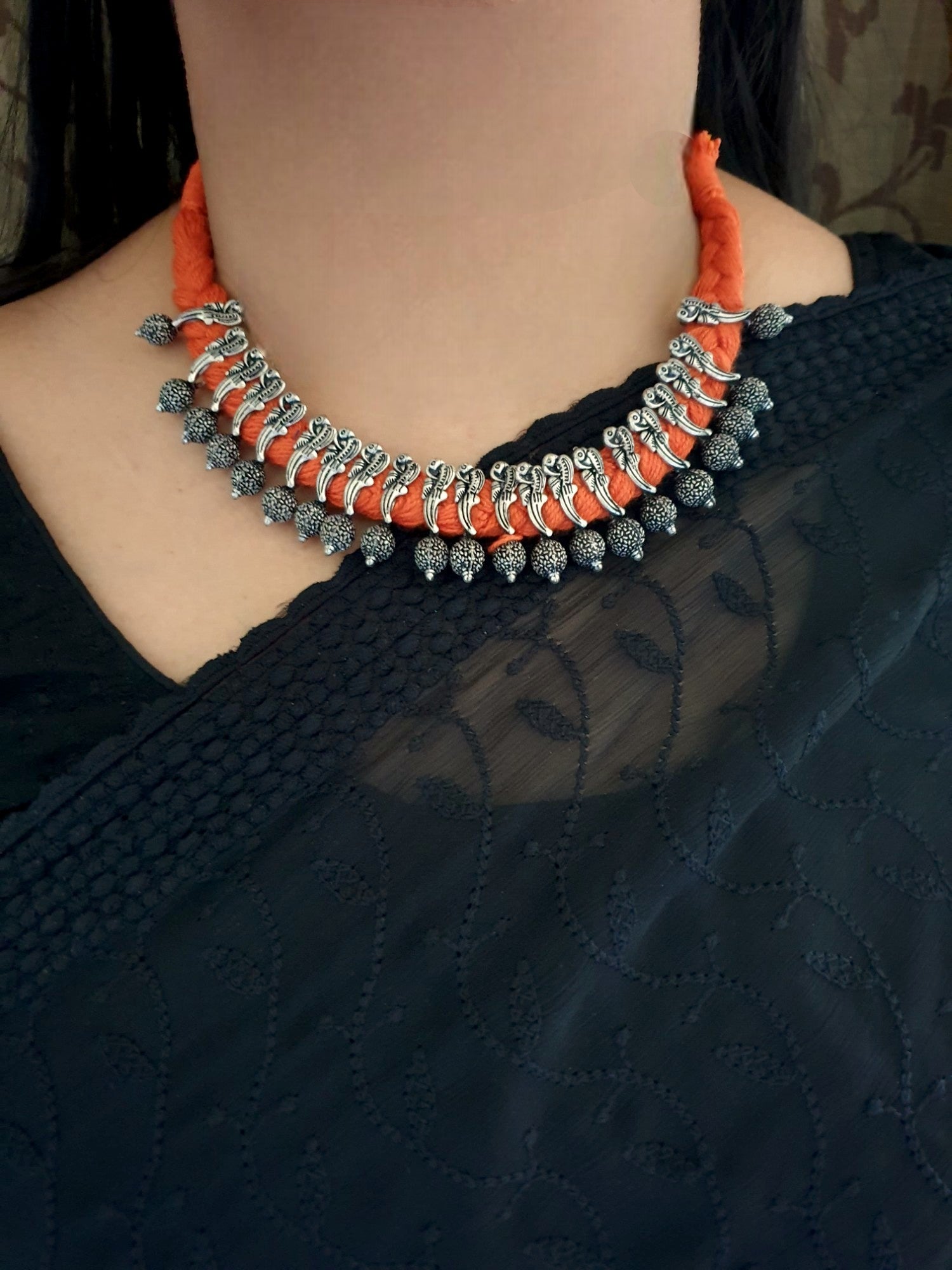 Oxidised Silver Orange Thread Necklace