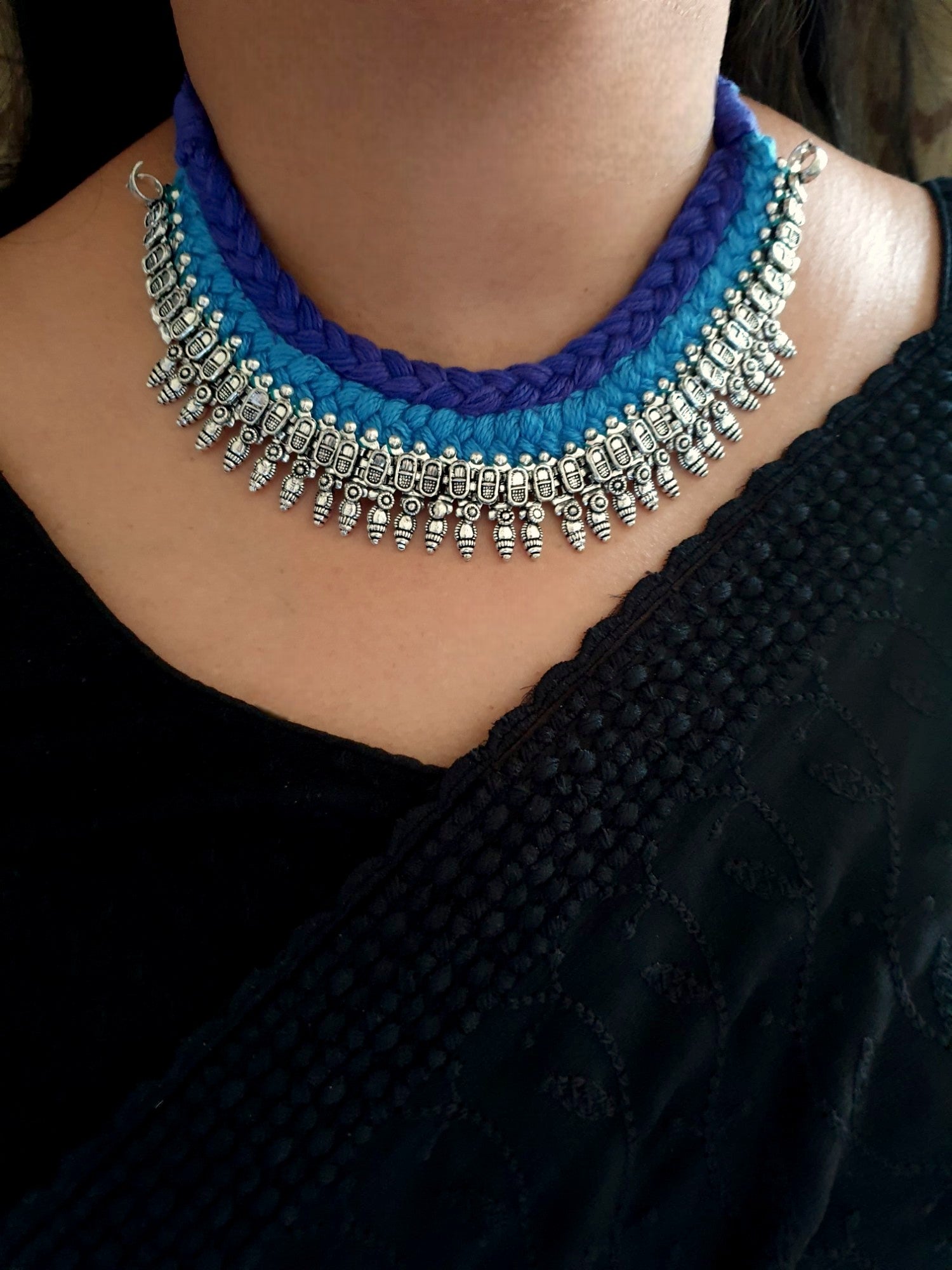 Oxidised Silver Blue Thread Necklace