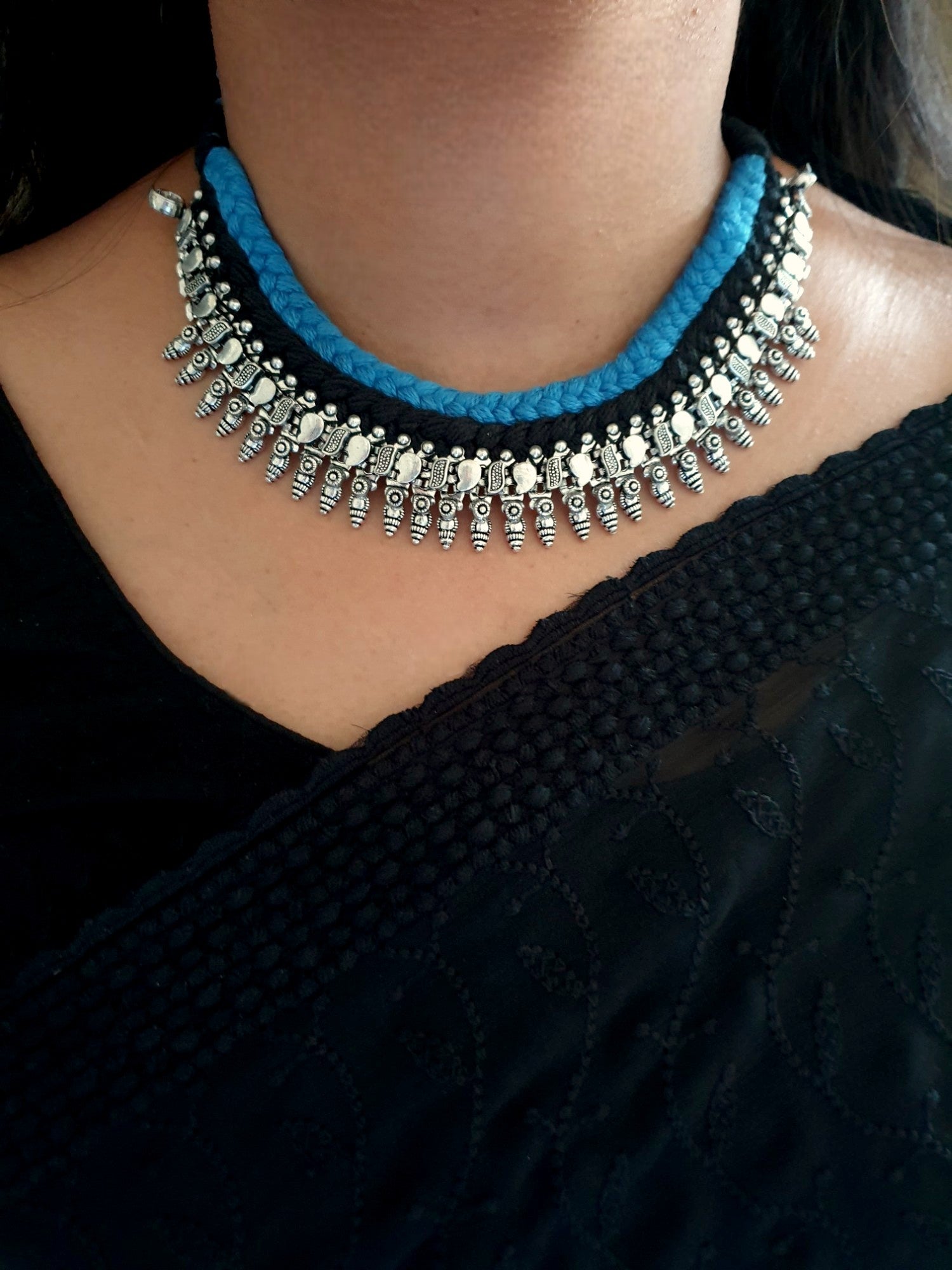 Oxidised Silver Black Blue Thread Necklace