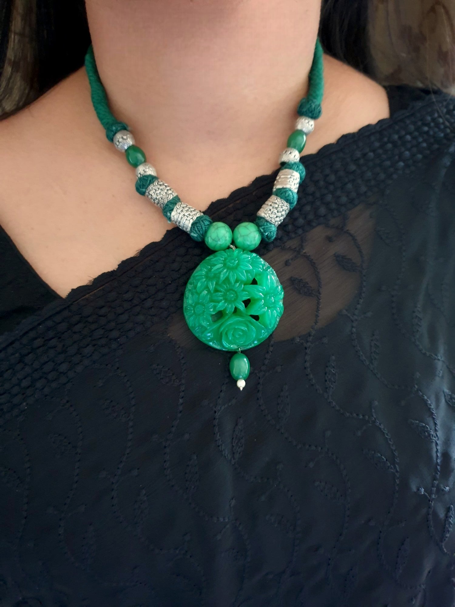 Floral Design, Green Stone Necklace With Earrings