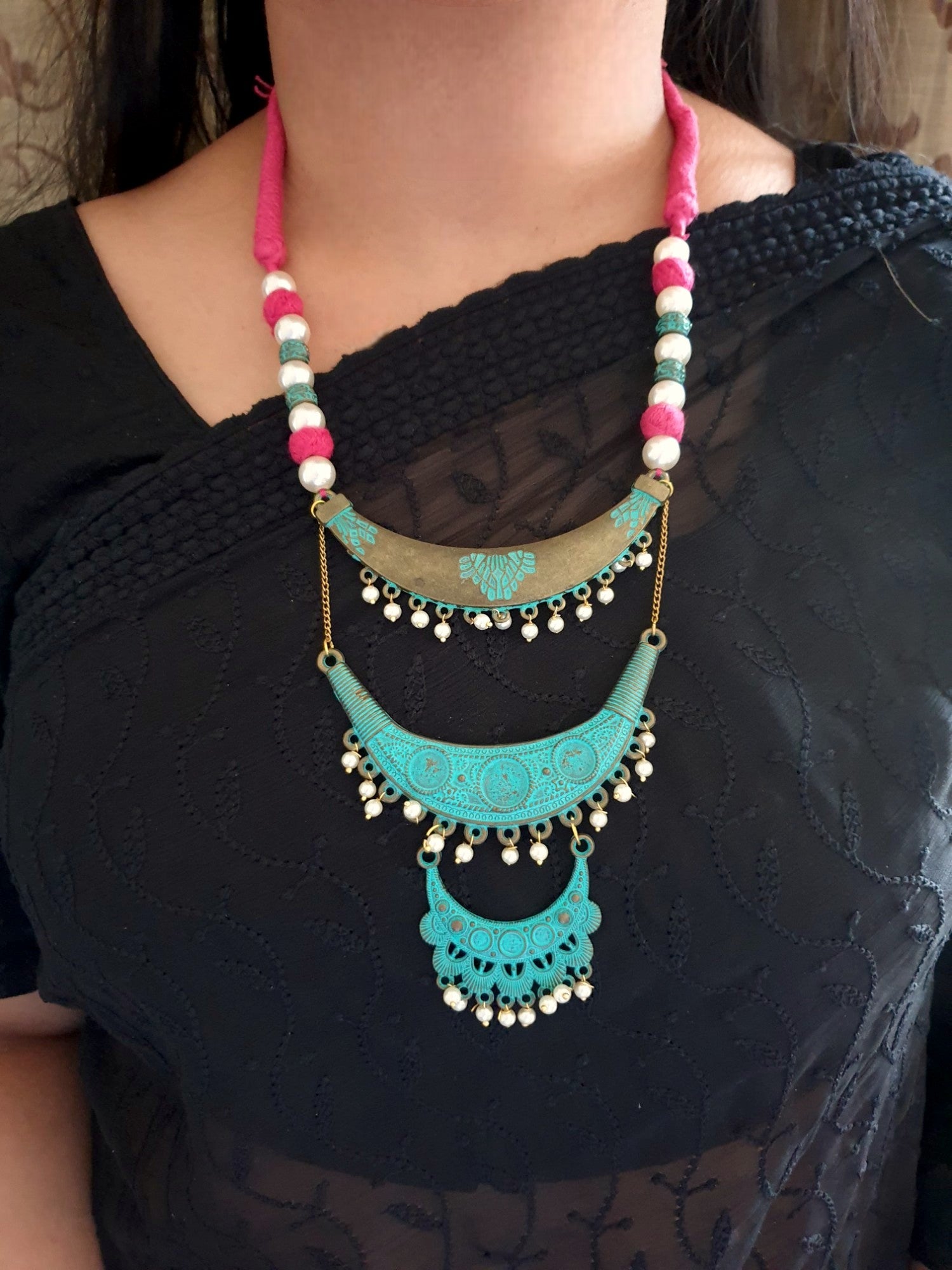 Oxidized Meenakari Work Necklace With Jhumki Earrings