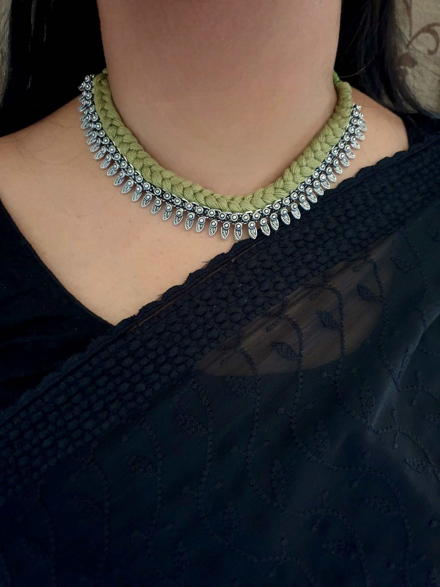 Oxidised Silver Olive Green Thread Necklace