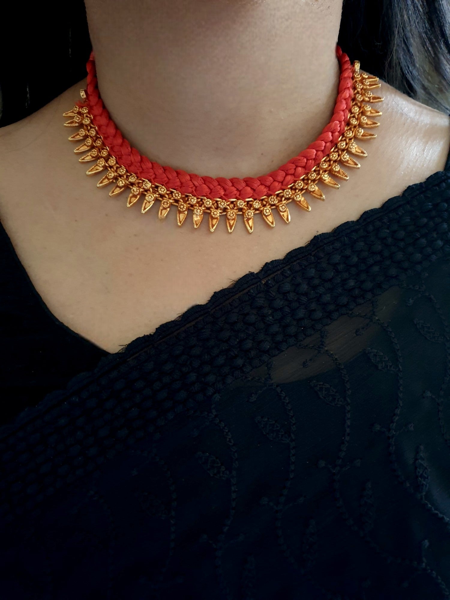 Antique Geru Oxidised Orange Thread Necklace Set