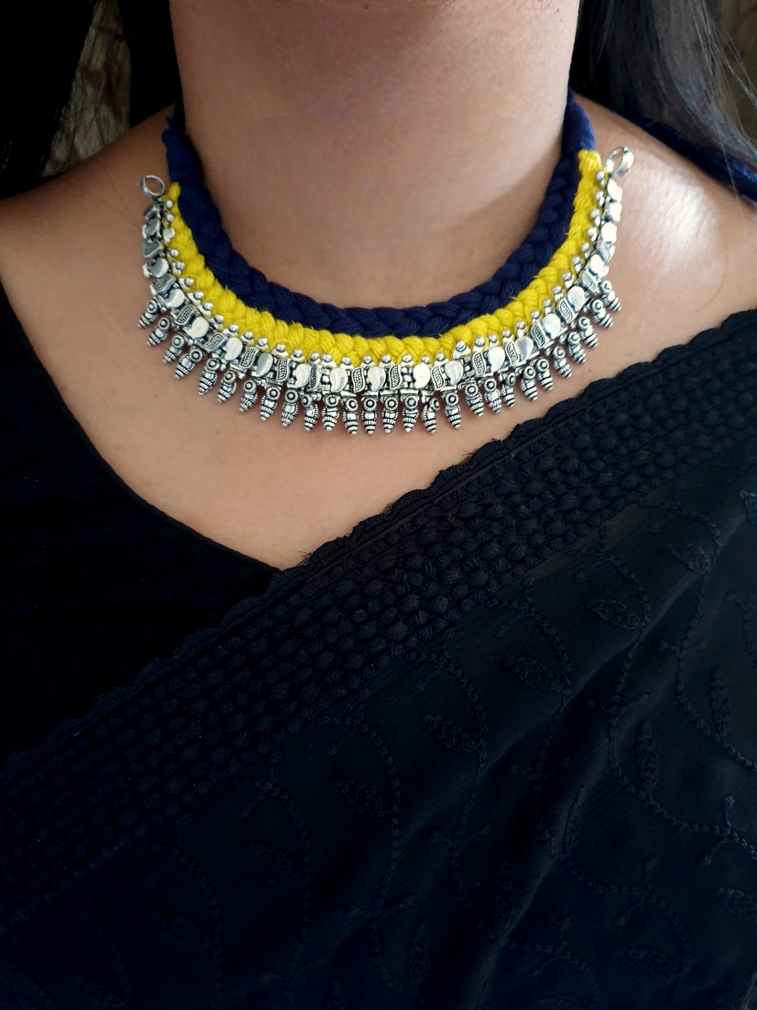 Oxidised Silver Blue Yellow Thread Necklace