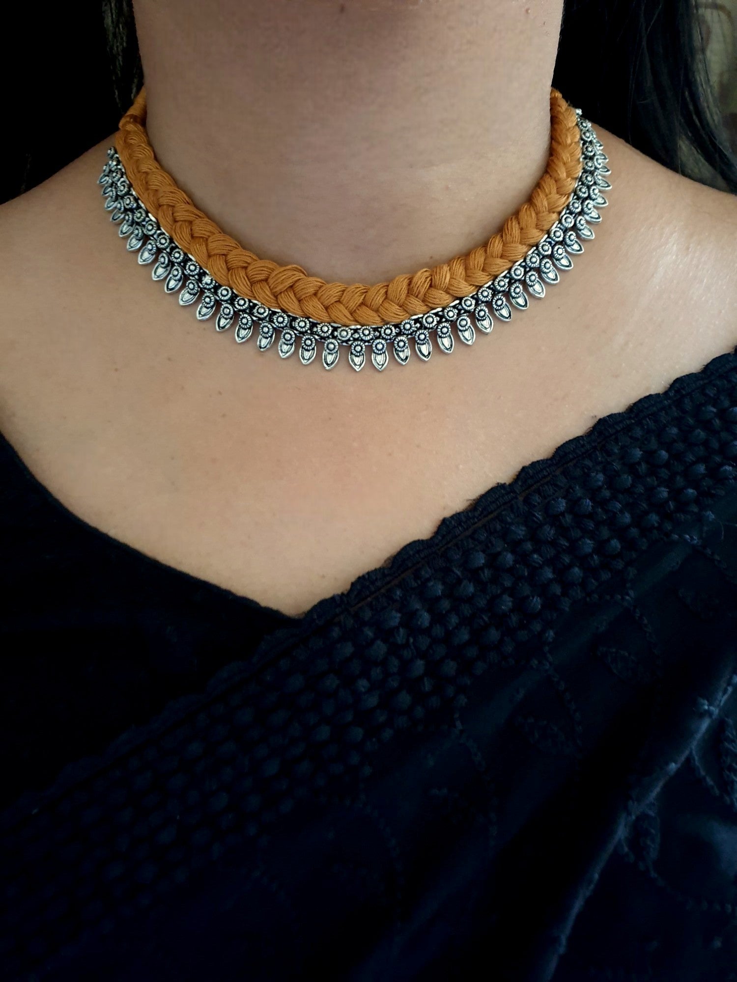Oxidised Silver Golden Thread Necklace