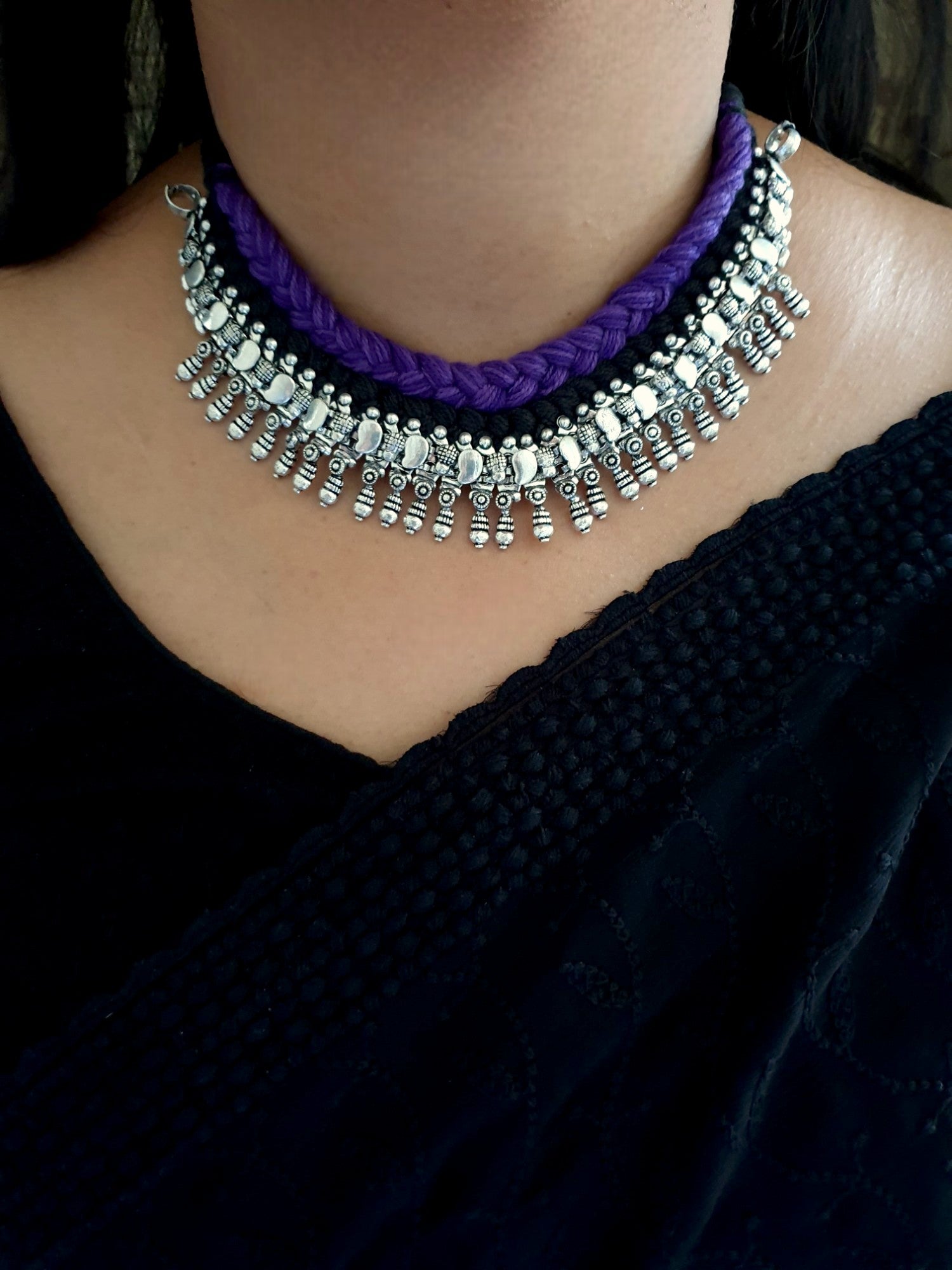 Oxidised Silver Purple Black Thread Necklace