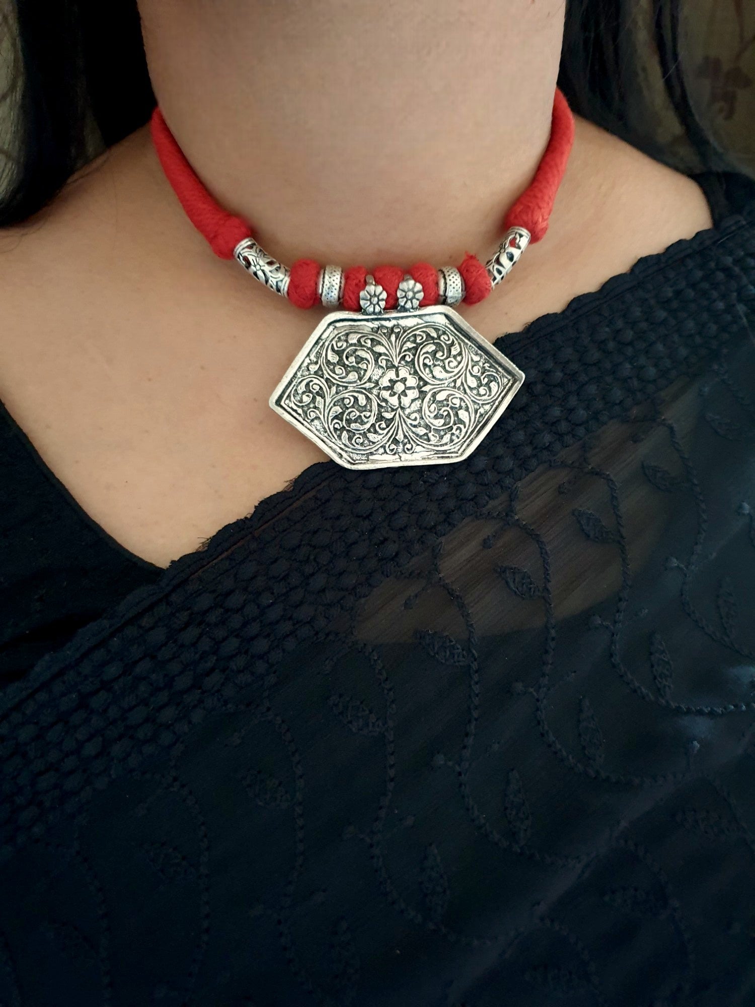 Red Thread Oxidised Silver Necklace Set - Main Image