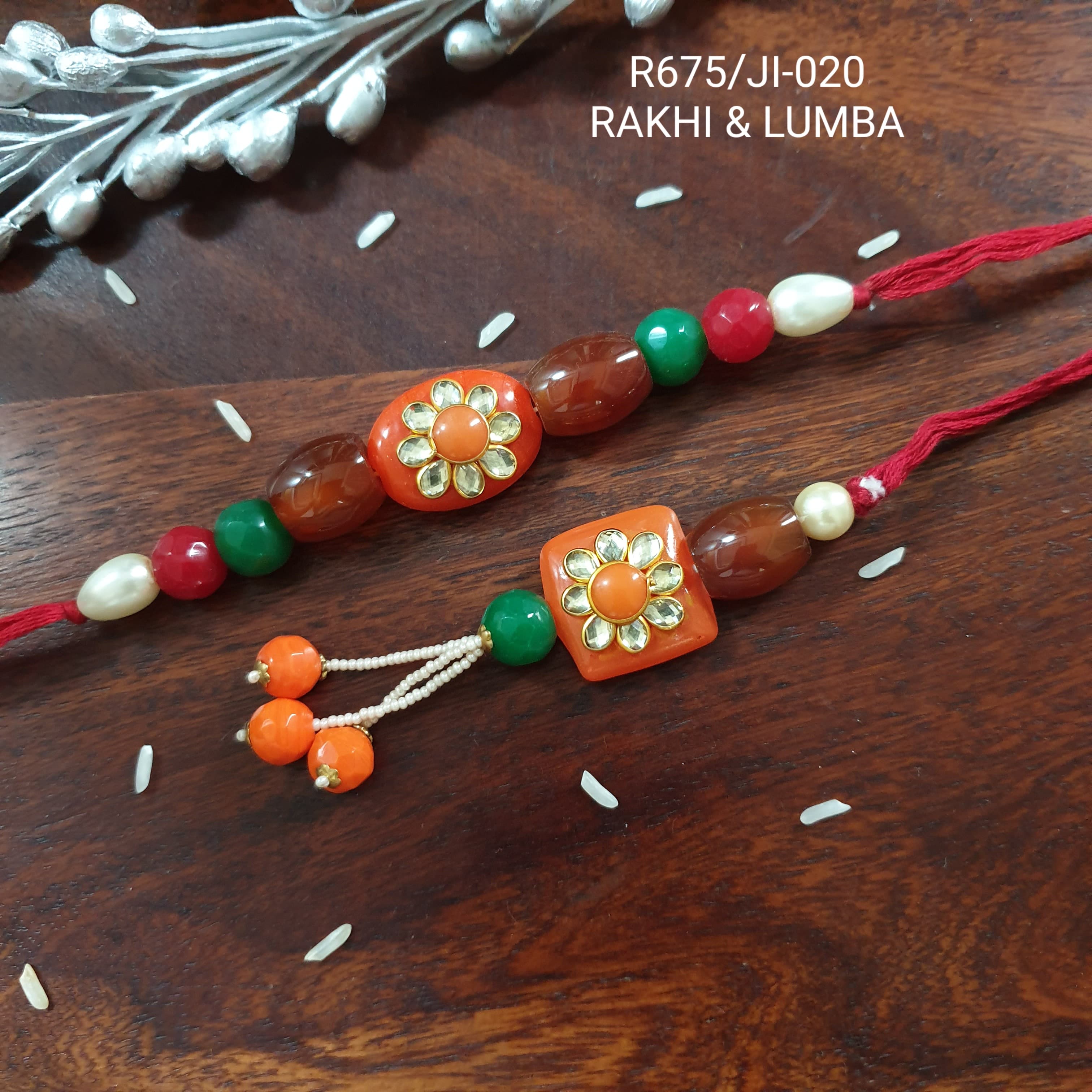 Orange Pacchi Stone Couple Rakhi Set