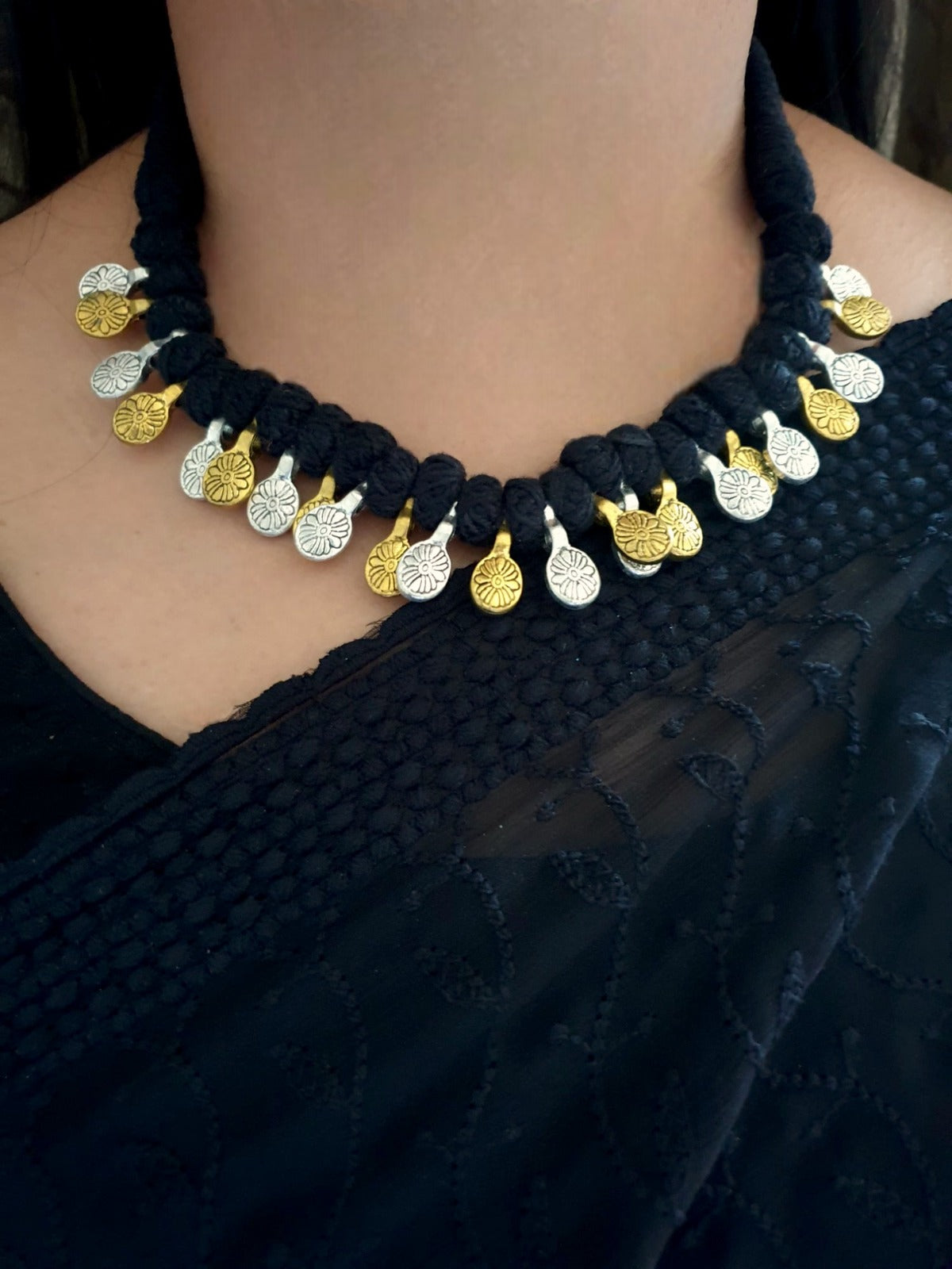 Black Dual Tone Oxidised Thread Necklace