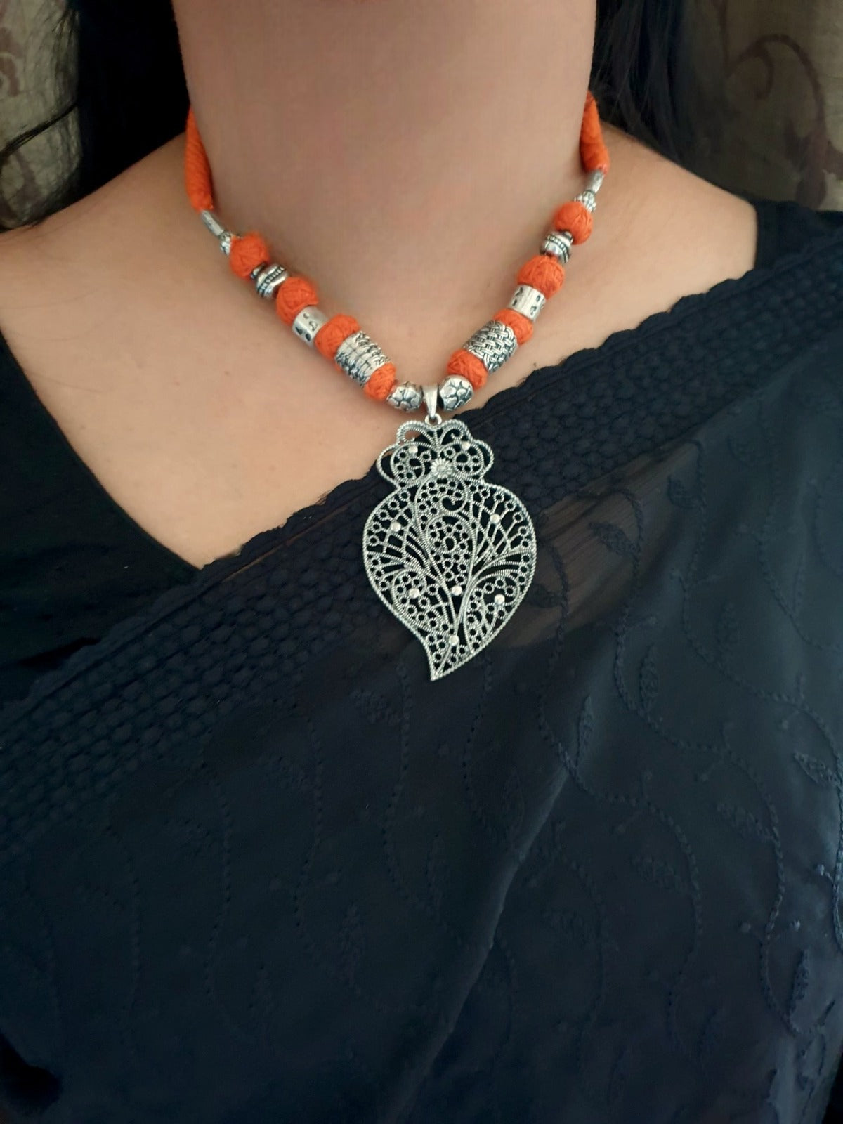 Orange Thread Oxidised Necklace