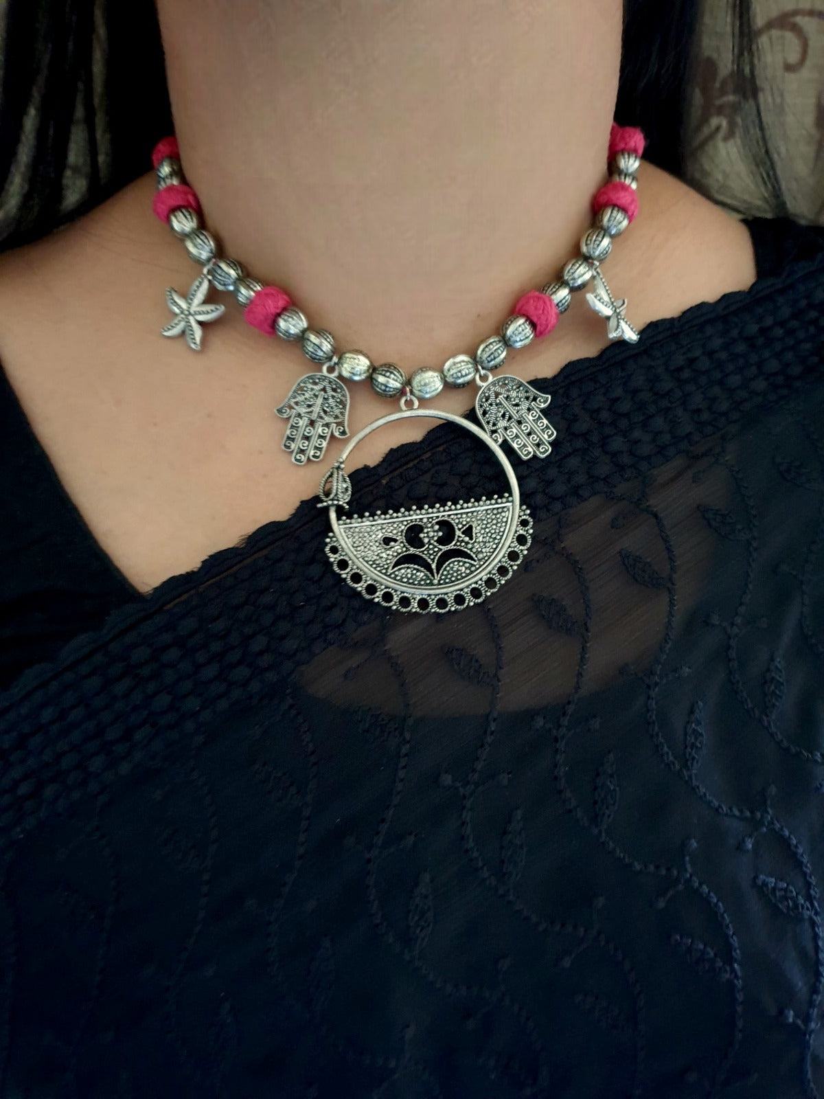 Humsa Pink Thread Oxidised Necklace Set