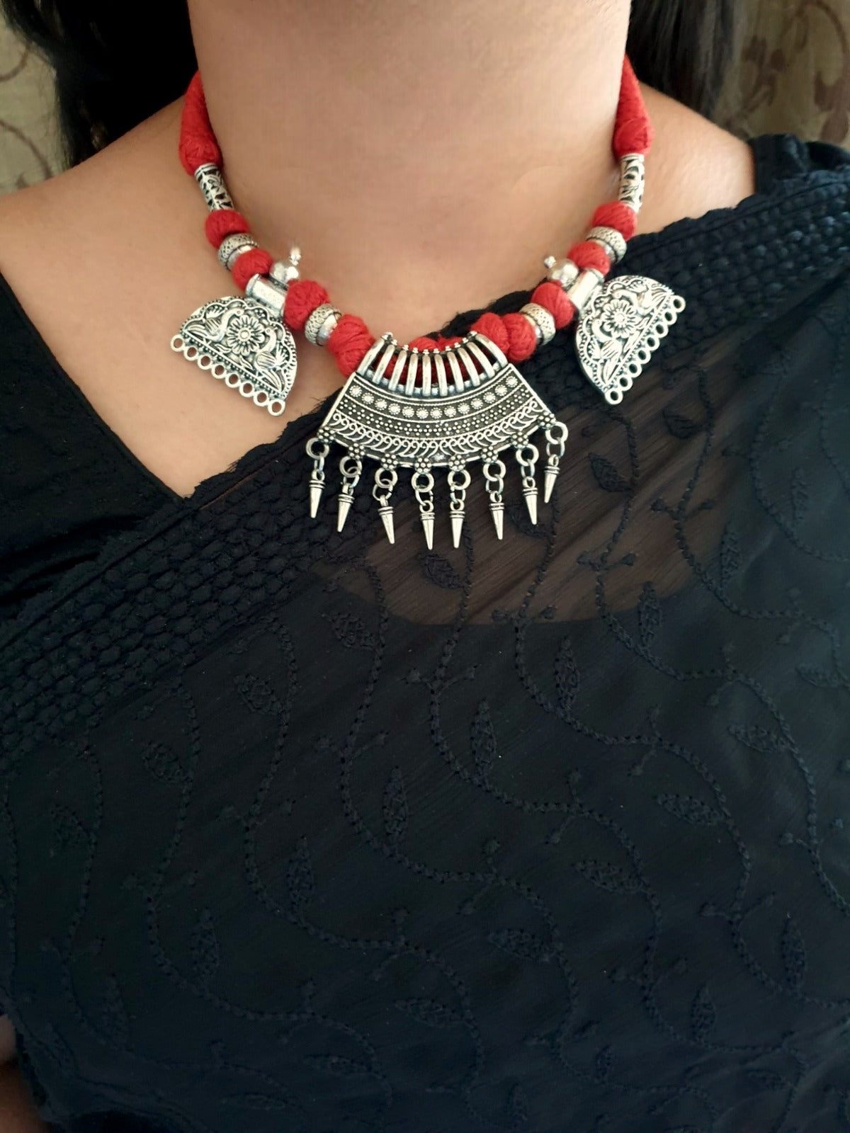 Red Thread Oxidised Necklace Set