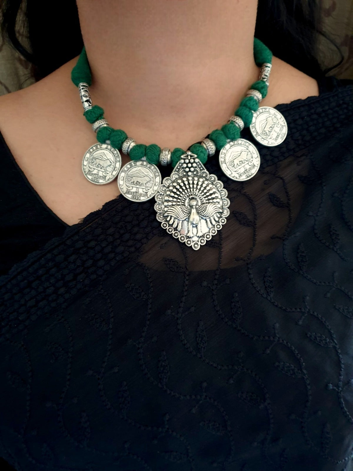 Peacock Green Thread Oxidised Necklace Set