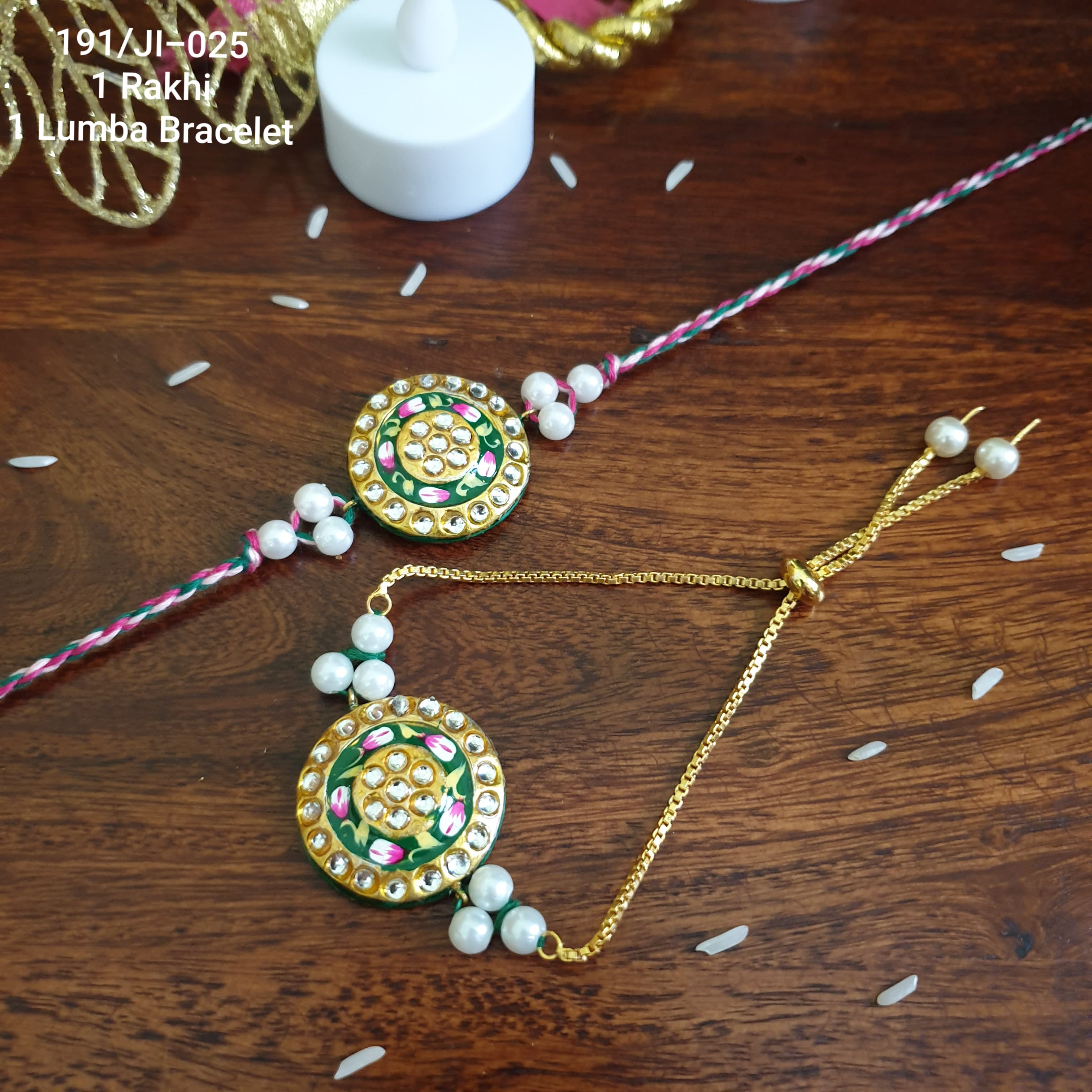 Green Kundan Meenakari Couple Rakhi Set