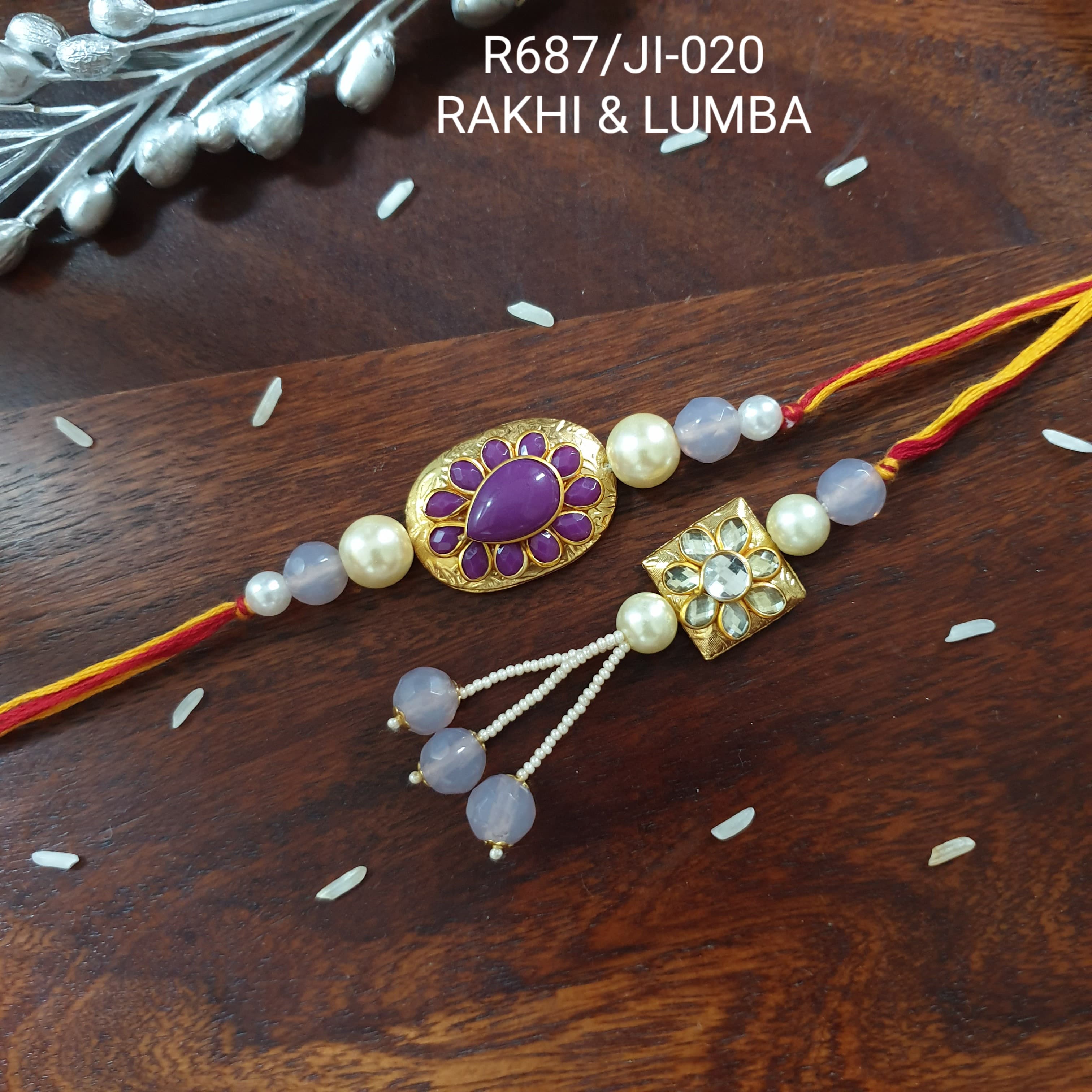 Purple Kundan Paachi Bhaiya Bhabhi Rakhi Set