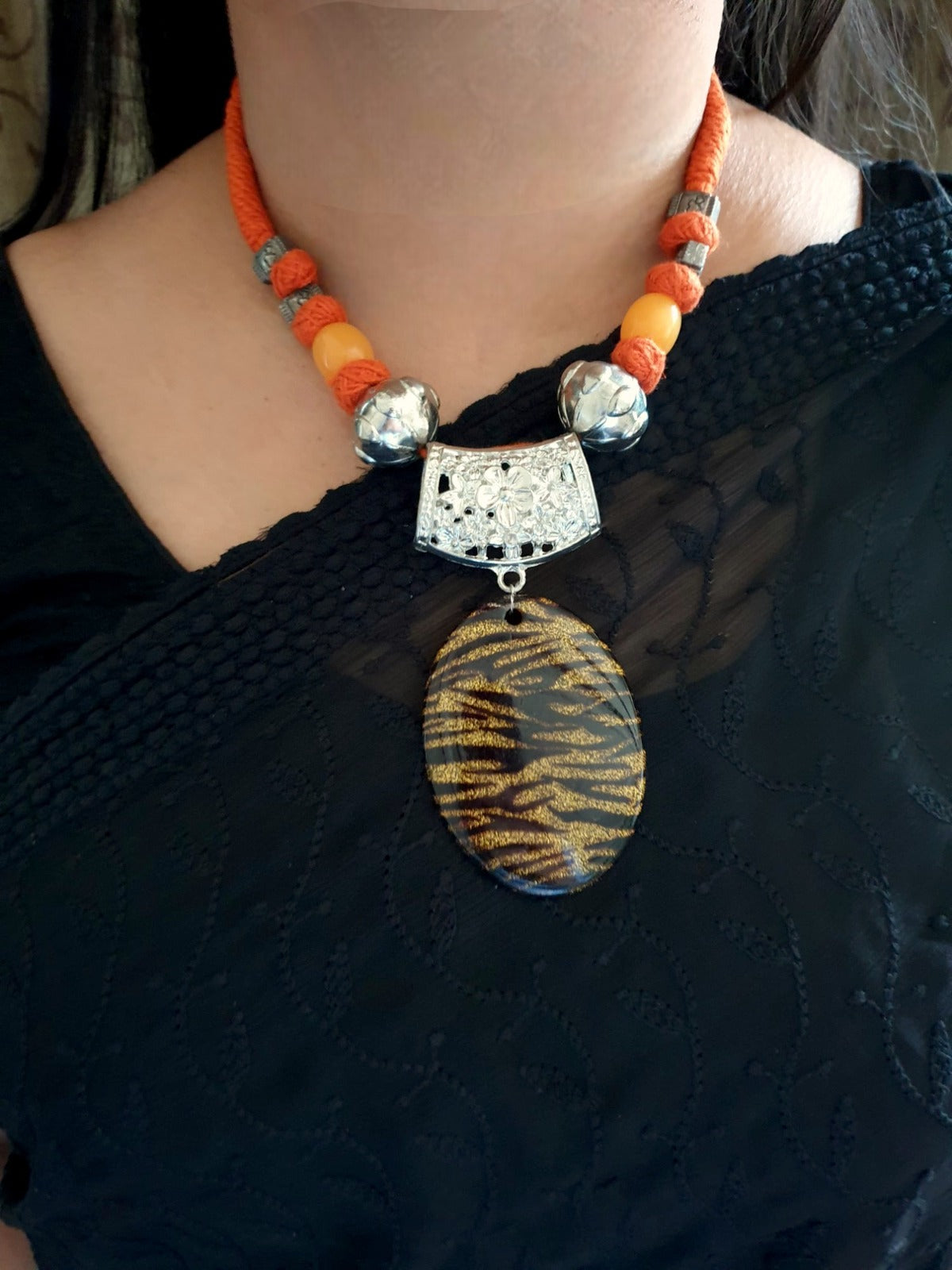 Orange Tiger Stone Oxidised Necklace Set
