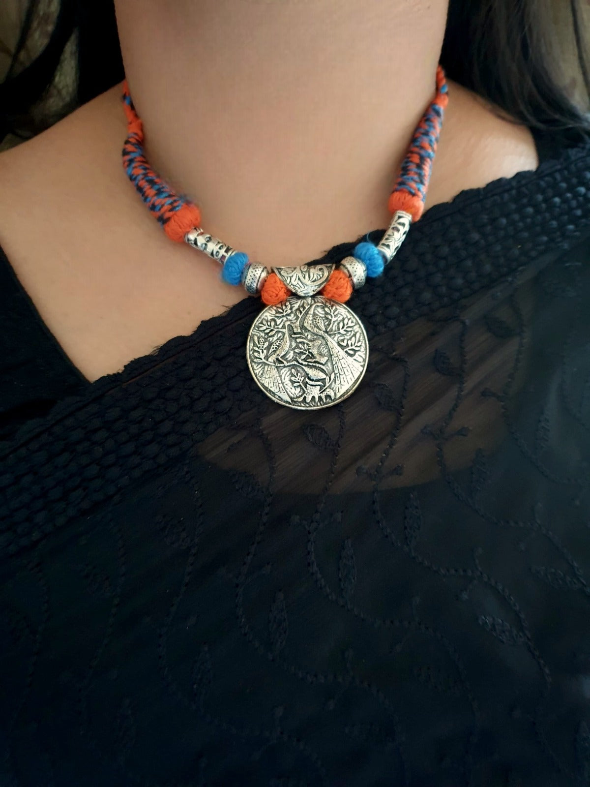 Orange Blue Thread Oxidised Necklace Set
