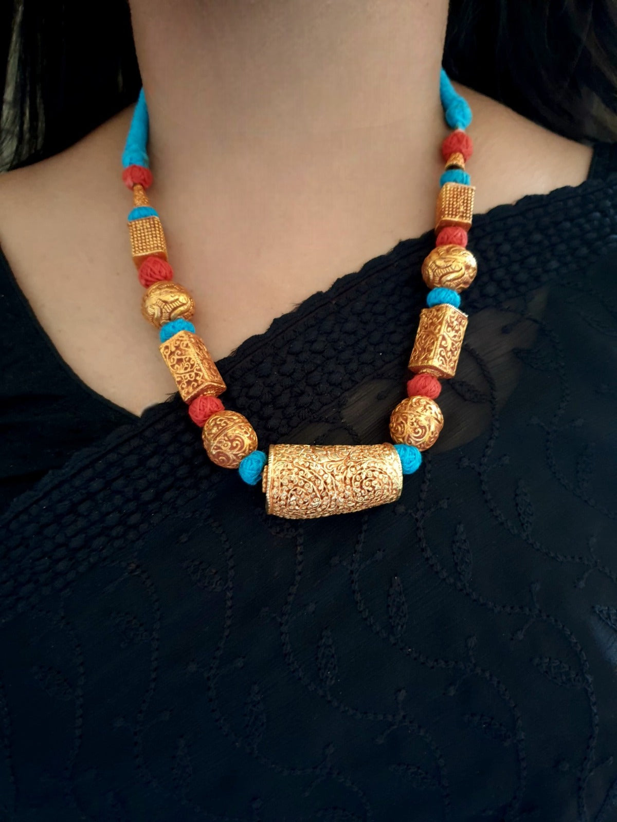 Red Blue Geru Beaded Necklace Set