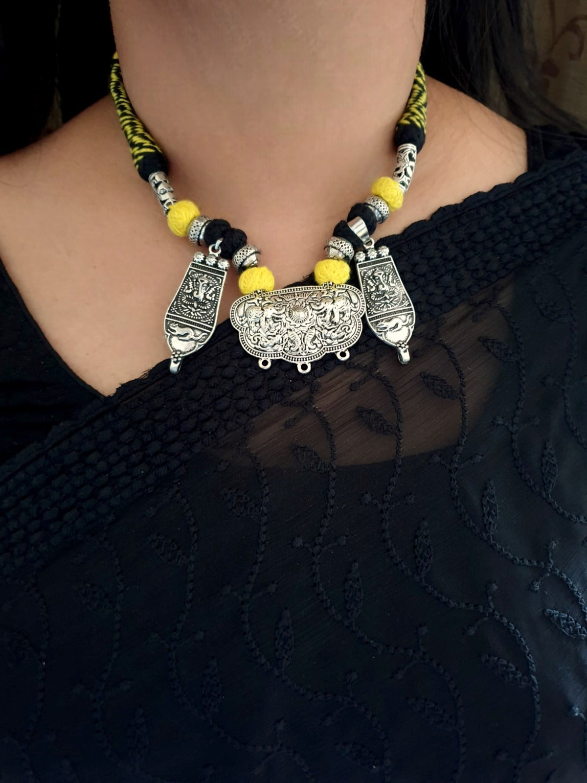 Yellow Black Thread Oxidised Necklace Set