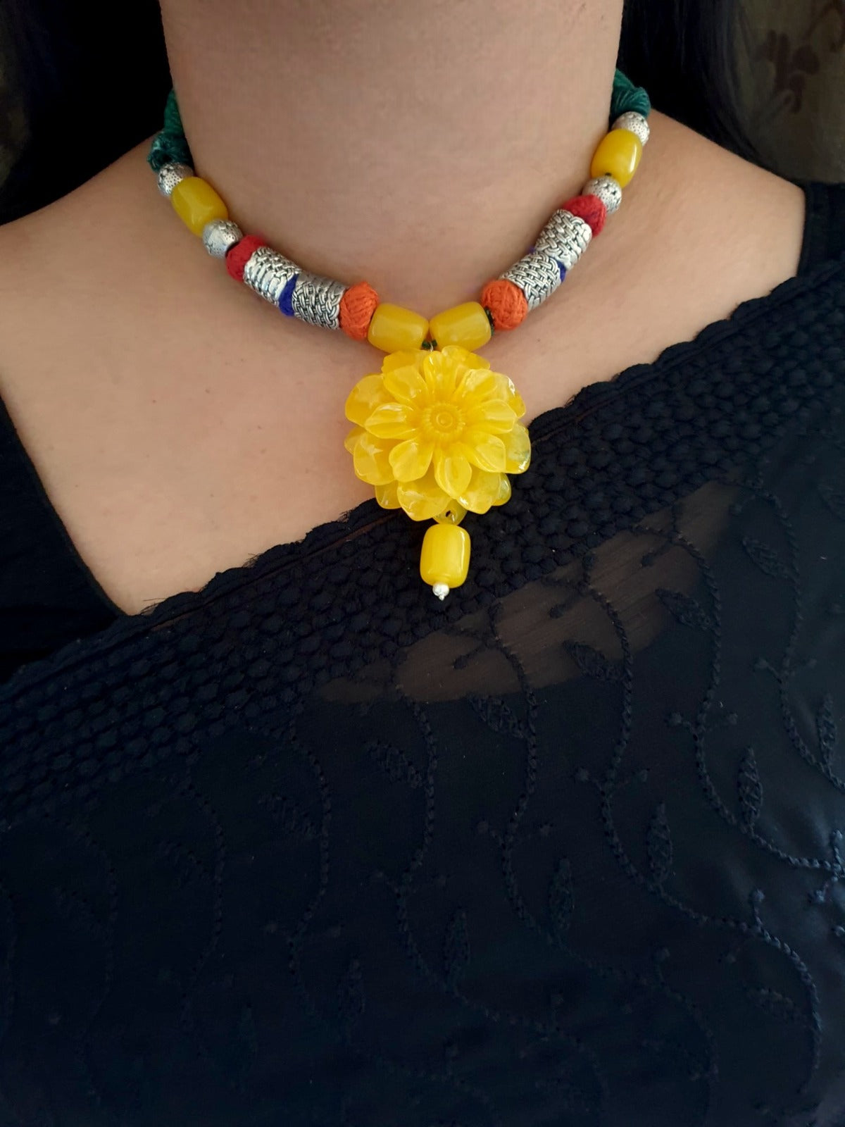 Yellow Stone Floral Thread Oxidised Necklace Set