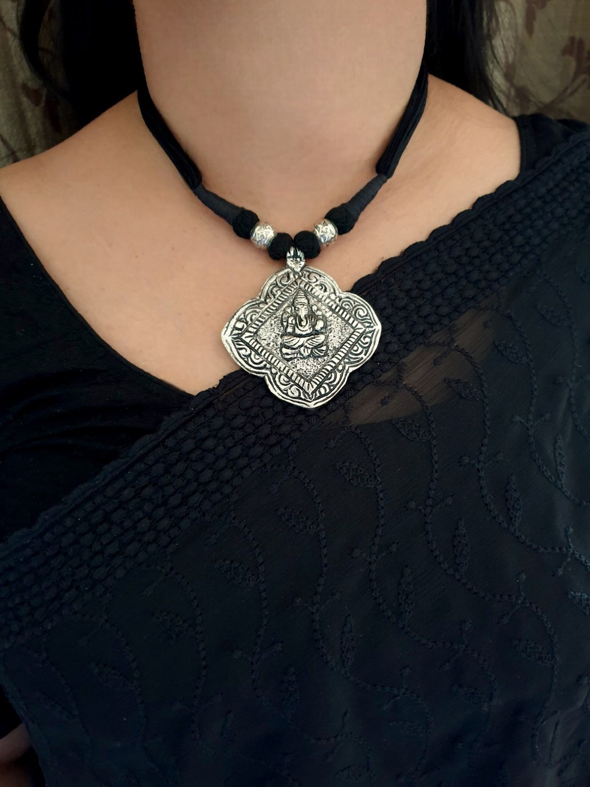 Ganesha Black Thread Oxidised Necklace Set