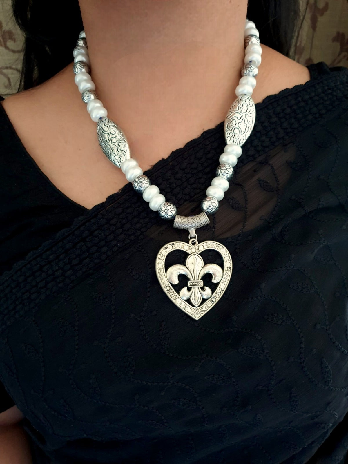 Pearl Thread Oxidised Necklace Set