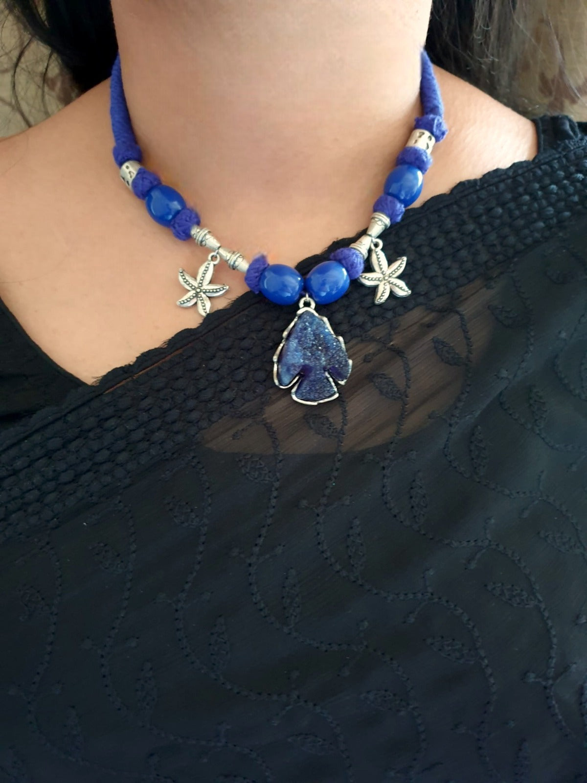Blue Druzy Thread Necklace Set