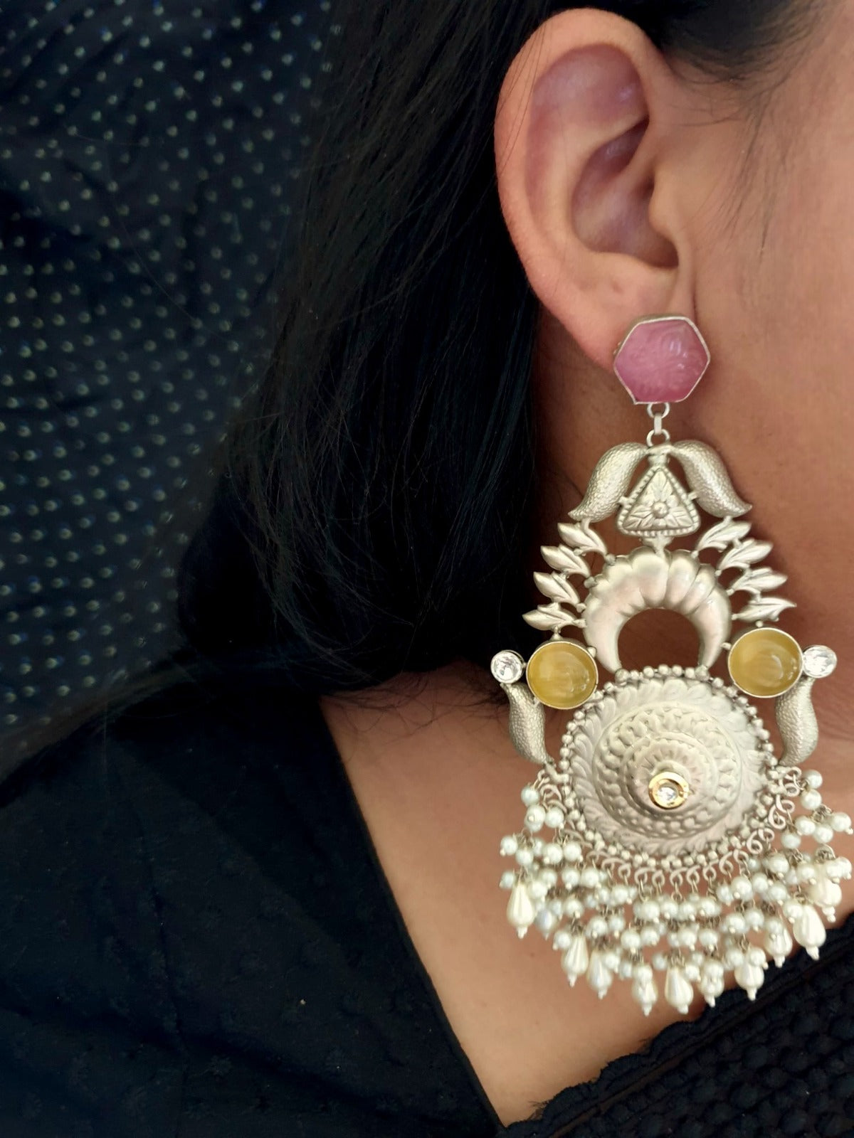 Pink Stone Silver Look Alike Long Earrings