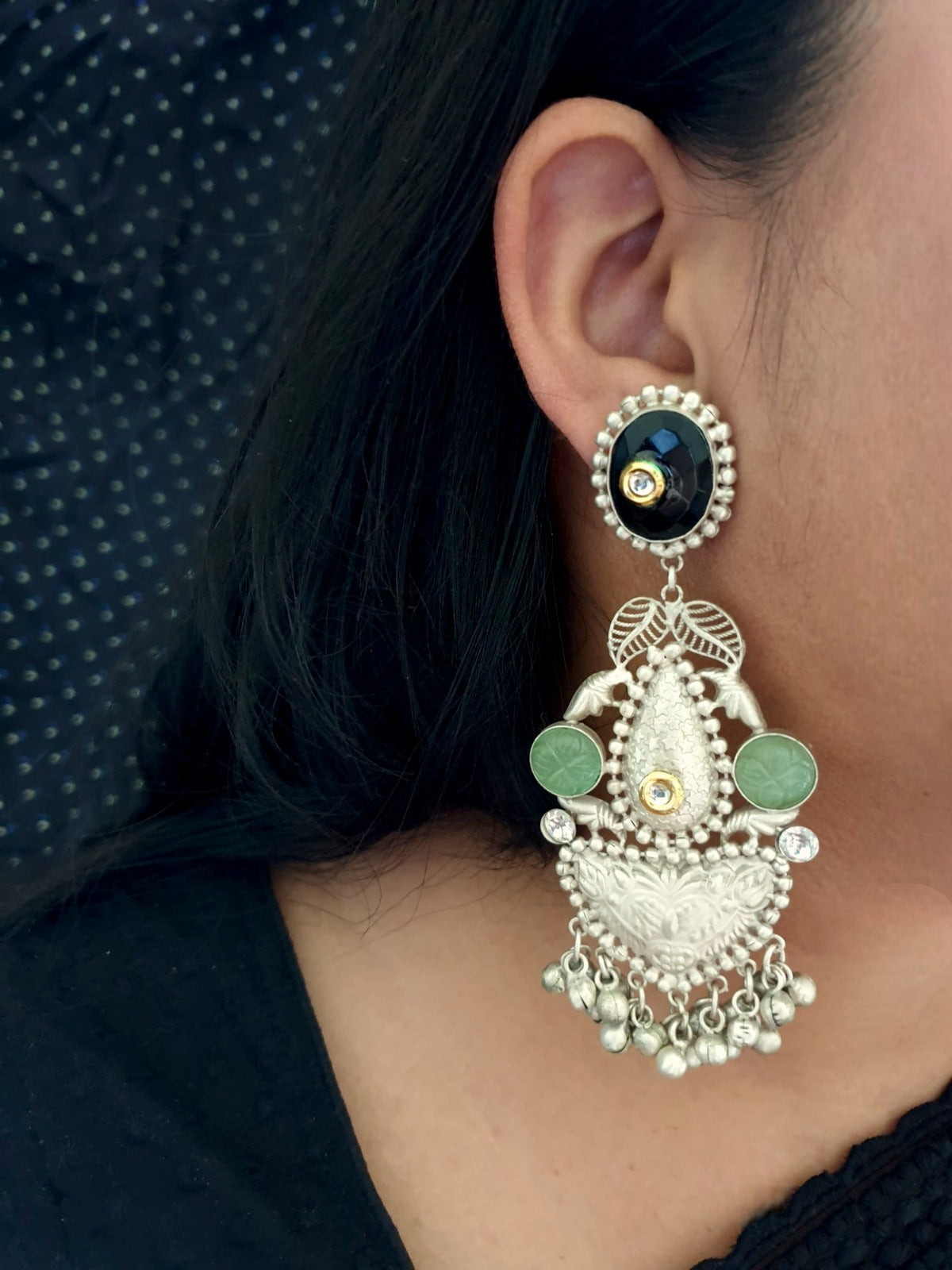 Mint Stone Silver Look Alike Long Earrings