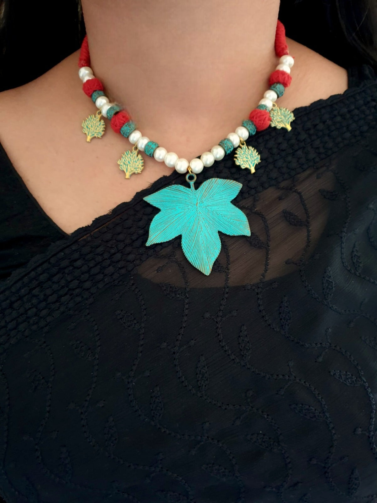 Turquoise Leaf Designer Thread Necklace