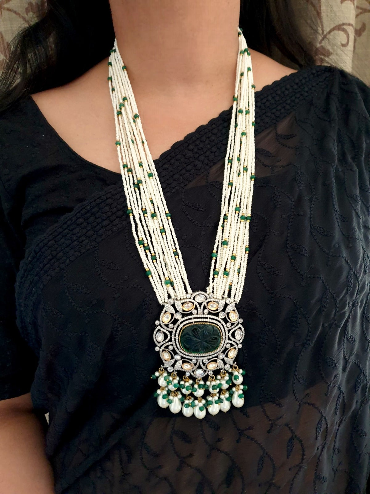 Emerald Stone Kundan Long Pearl Set