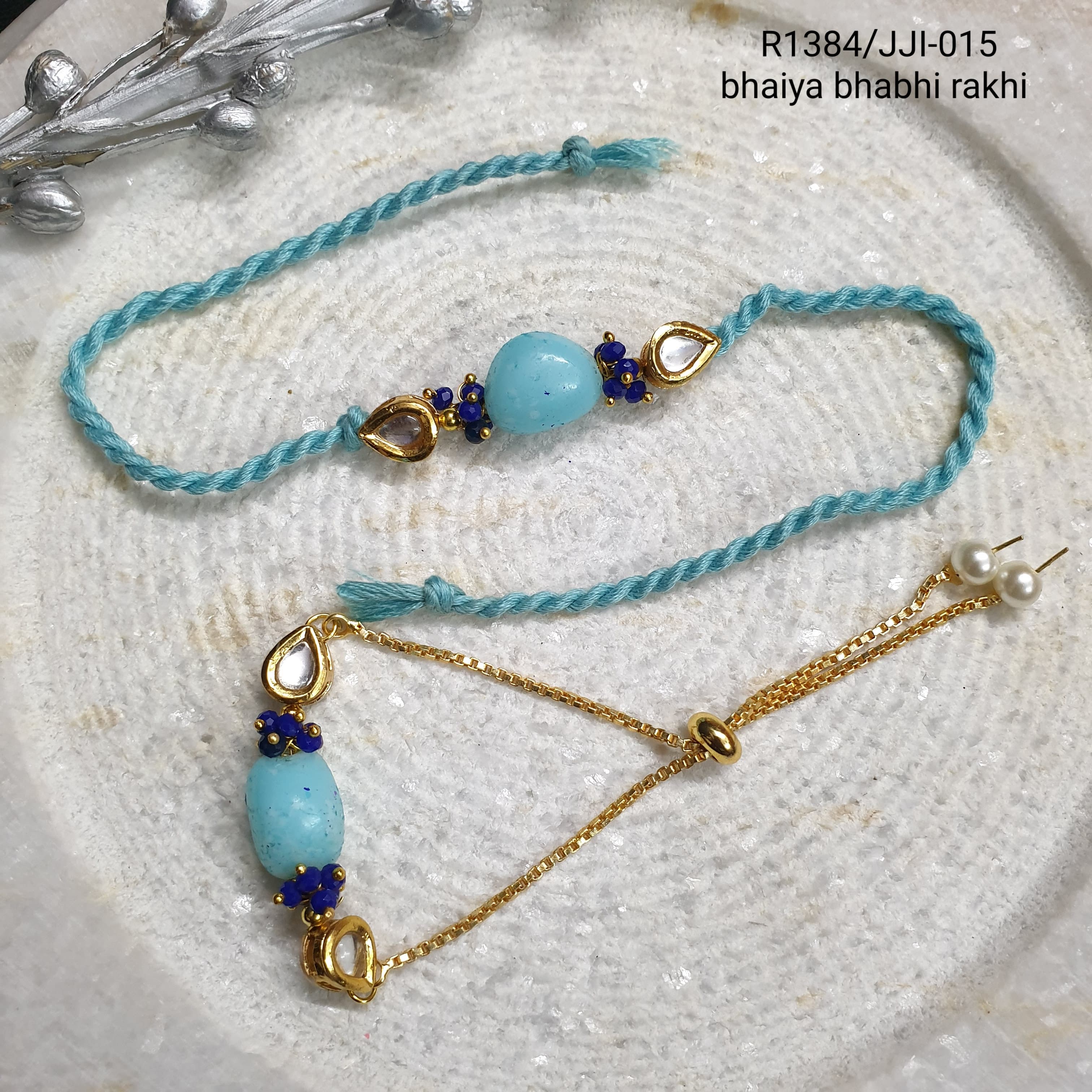 Blue Kundan Couple Rakhi Combo