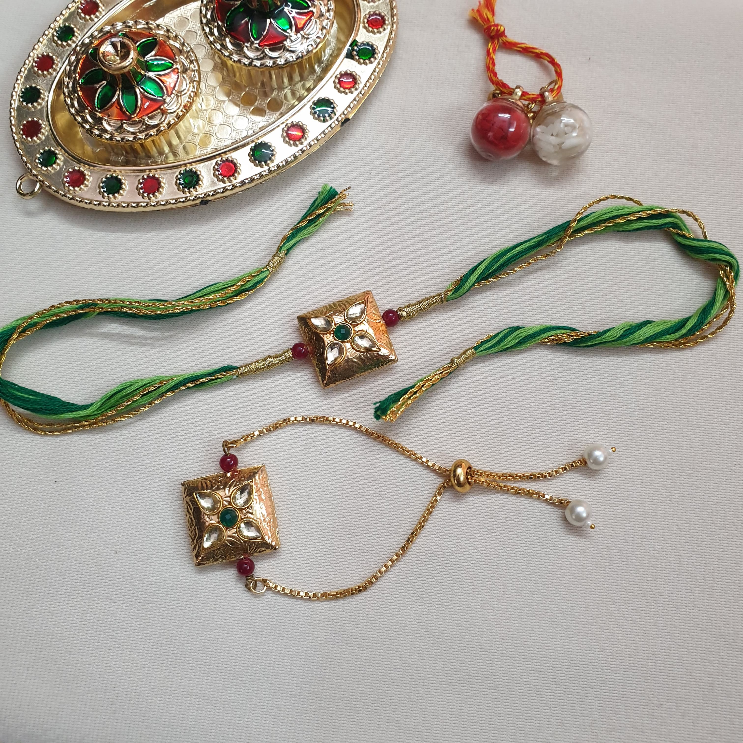 Square Kundan Rakhi Set For Couples