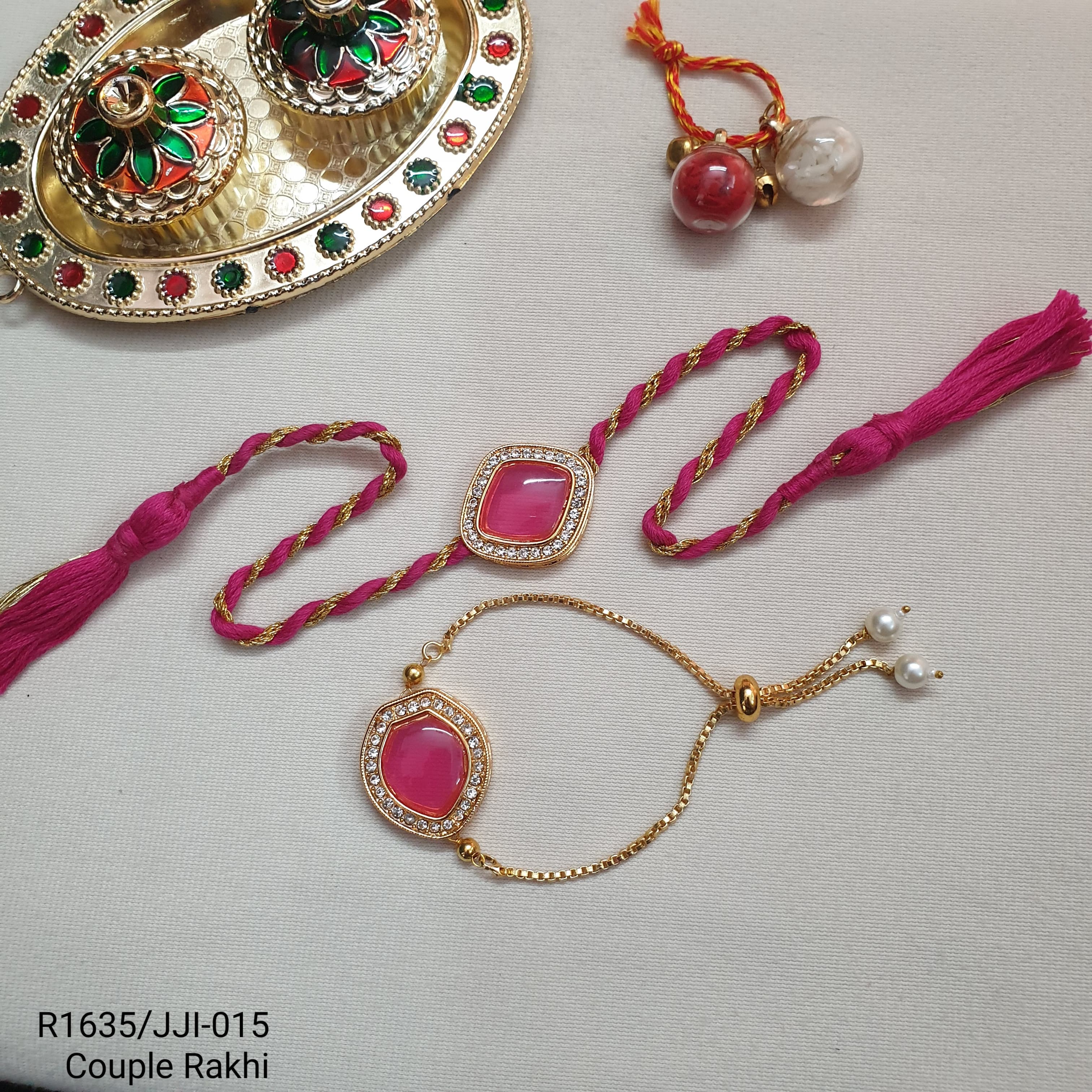 Pink Kundan Stone Bhaiya Bhabhi Rakhi Set