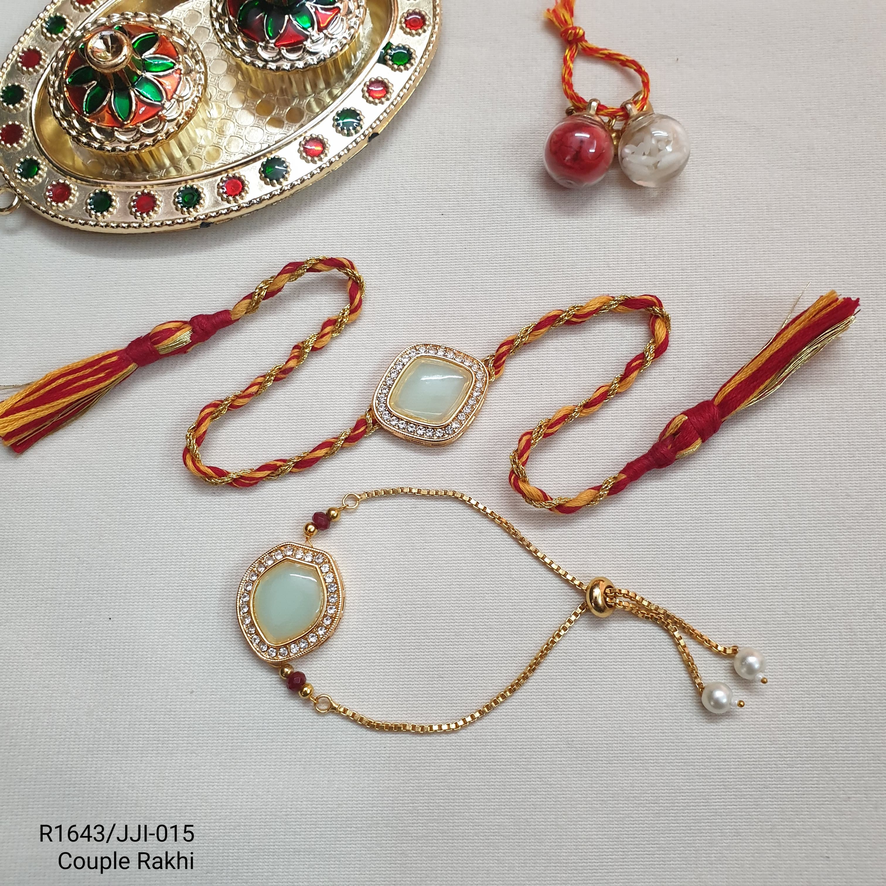 Mint Kundan Stone Bhaiya Bhabhi Rakhi Set