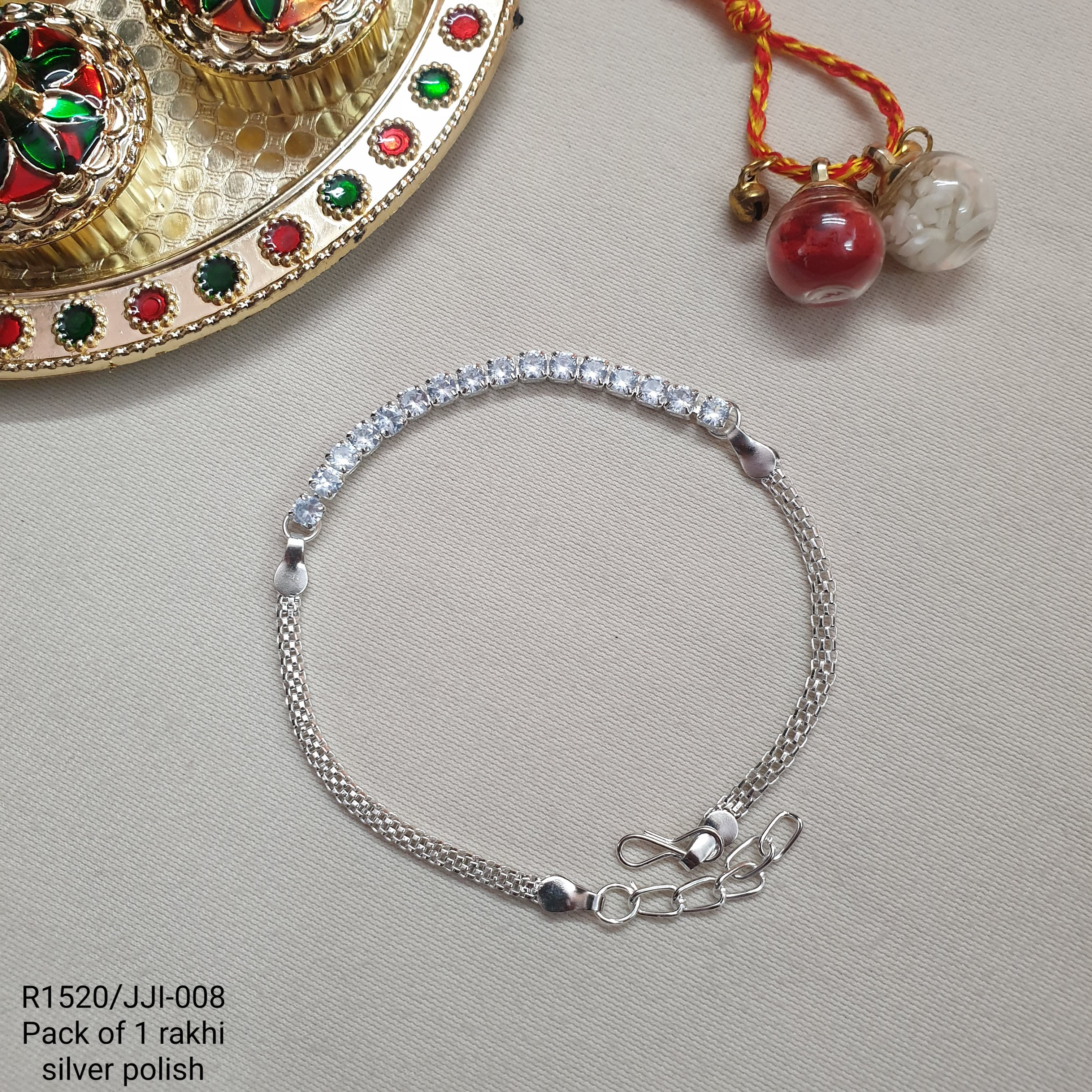 White Stone Silver Plated Stone Chain Rakhi