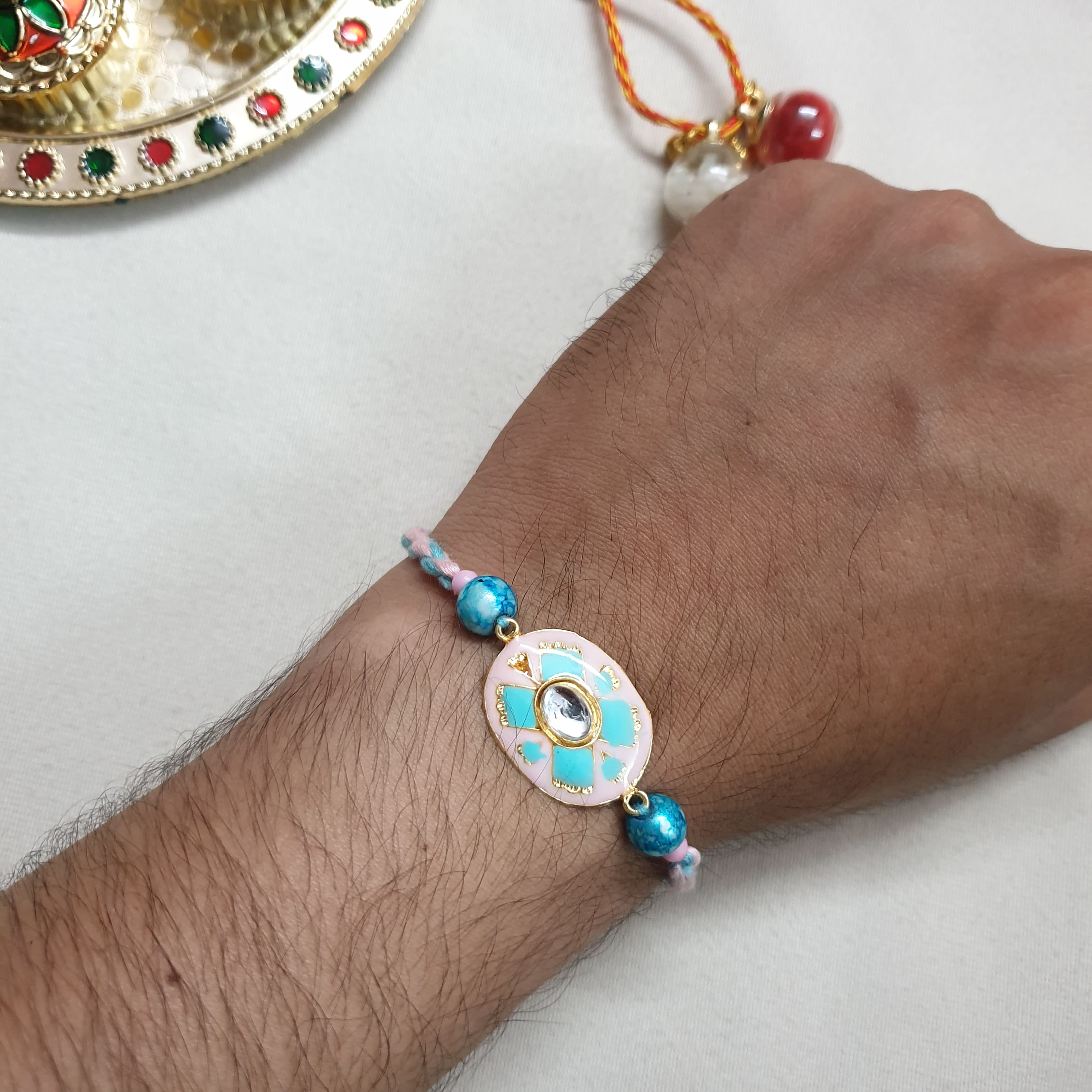Sky Blue Kundan Enamel Rakhi
