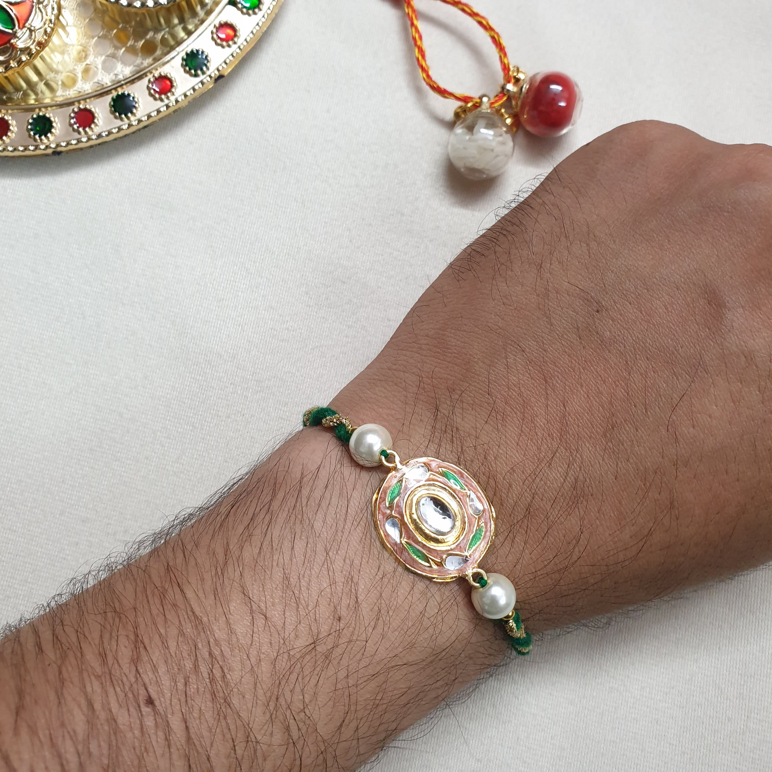Green Kundan Enamel Rakhi