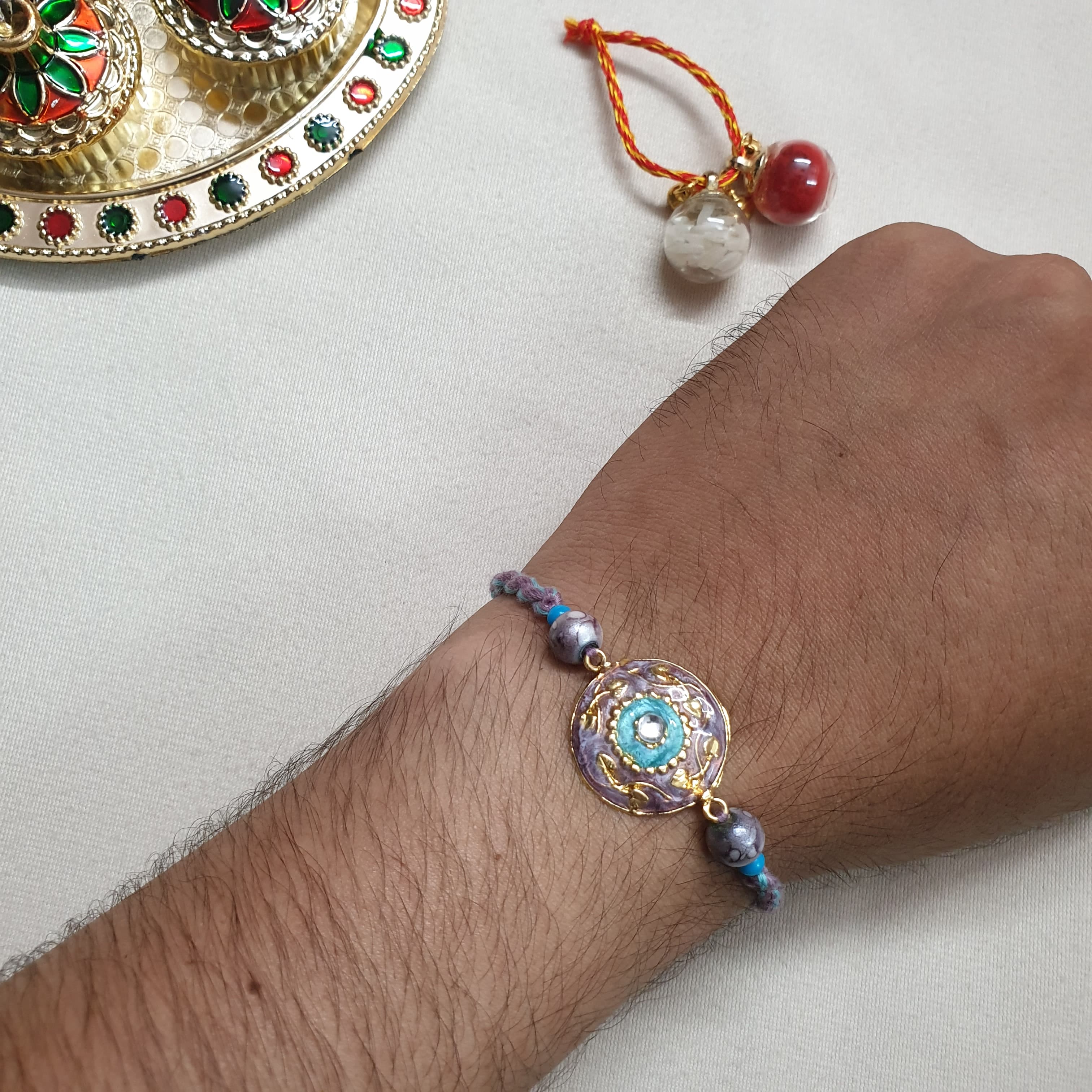 Grey Blue Kundan Enamel Rakhi