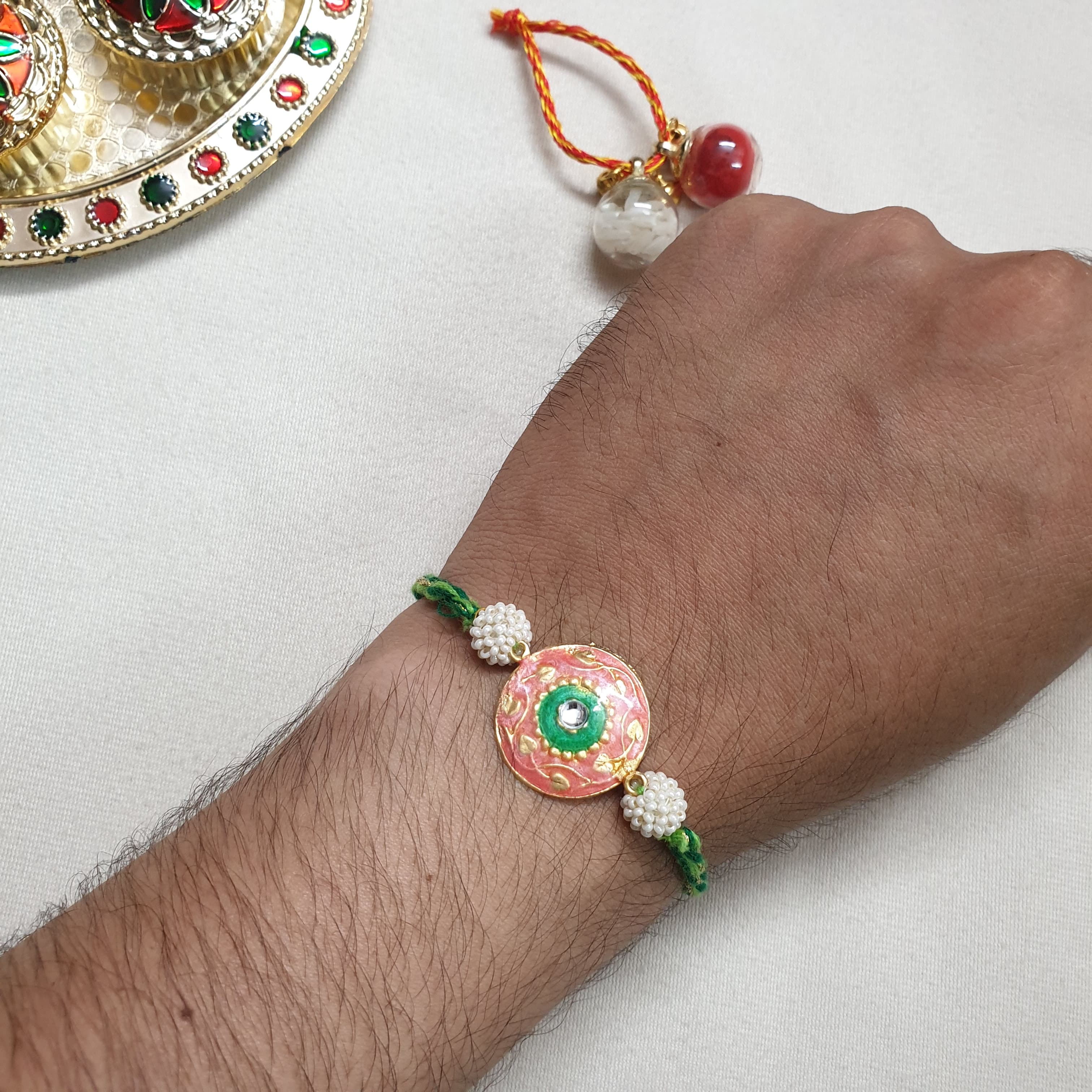 Peach Green Kundan Enamel Rakhi