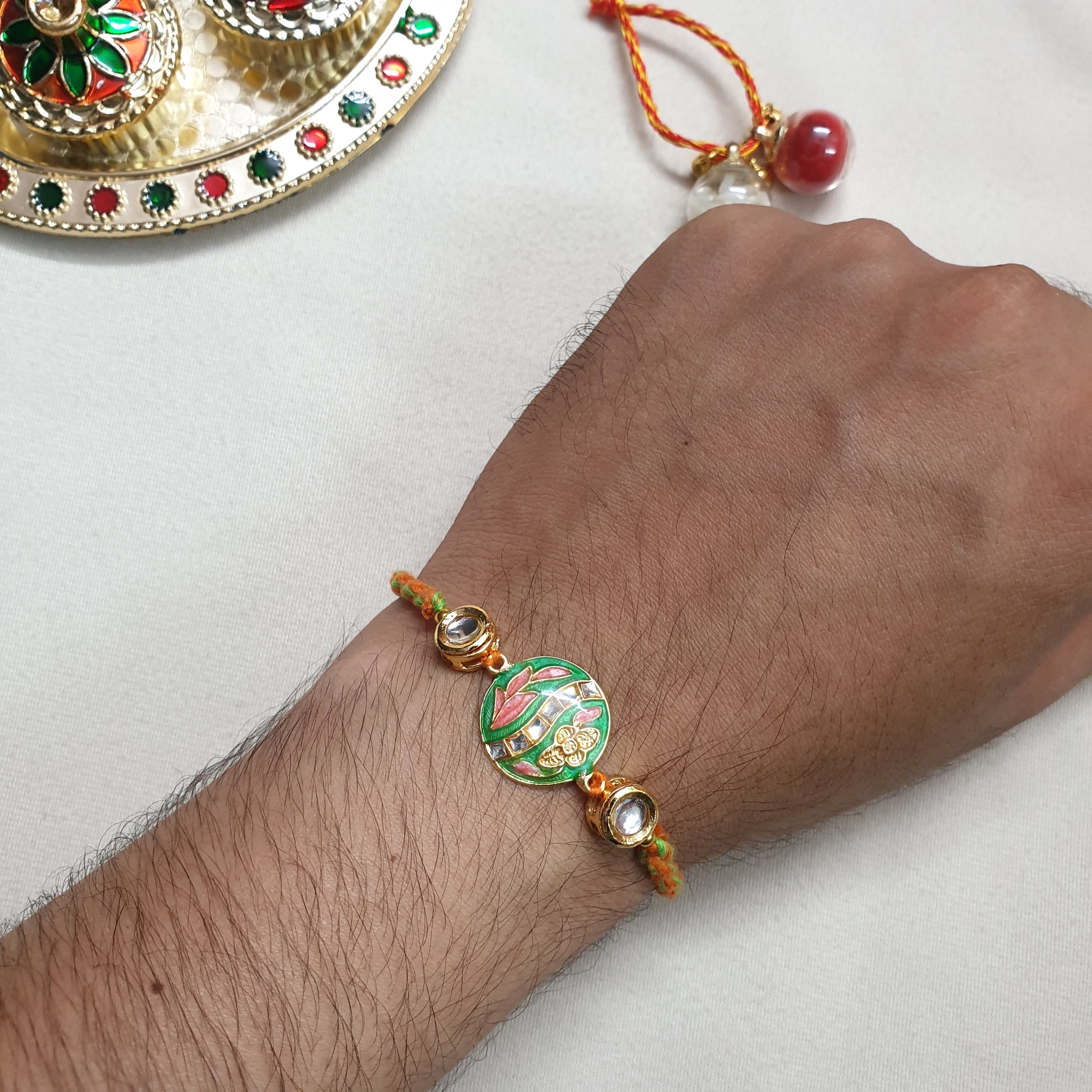 Sea Green Kundan Enamel Rakhi