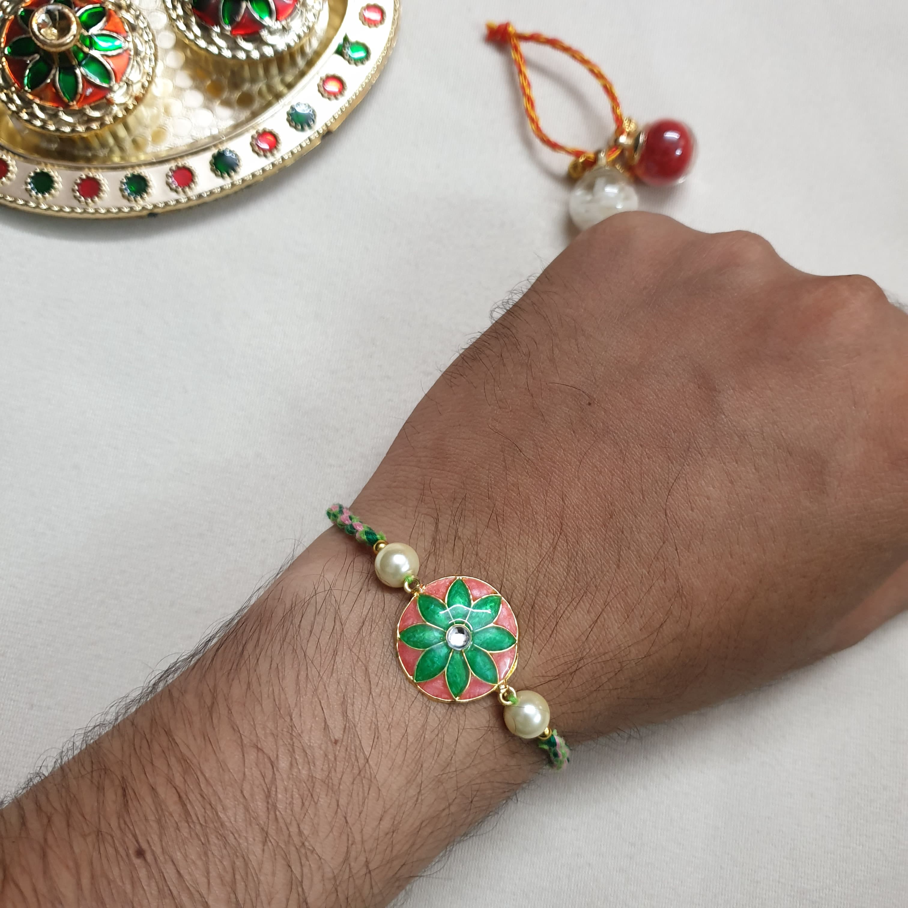Green Flower Enamel Rakhi