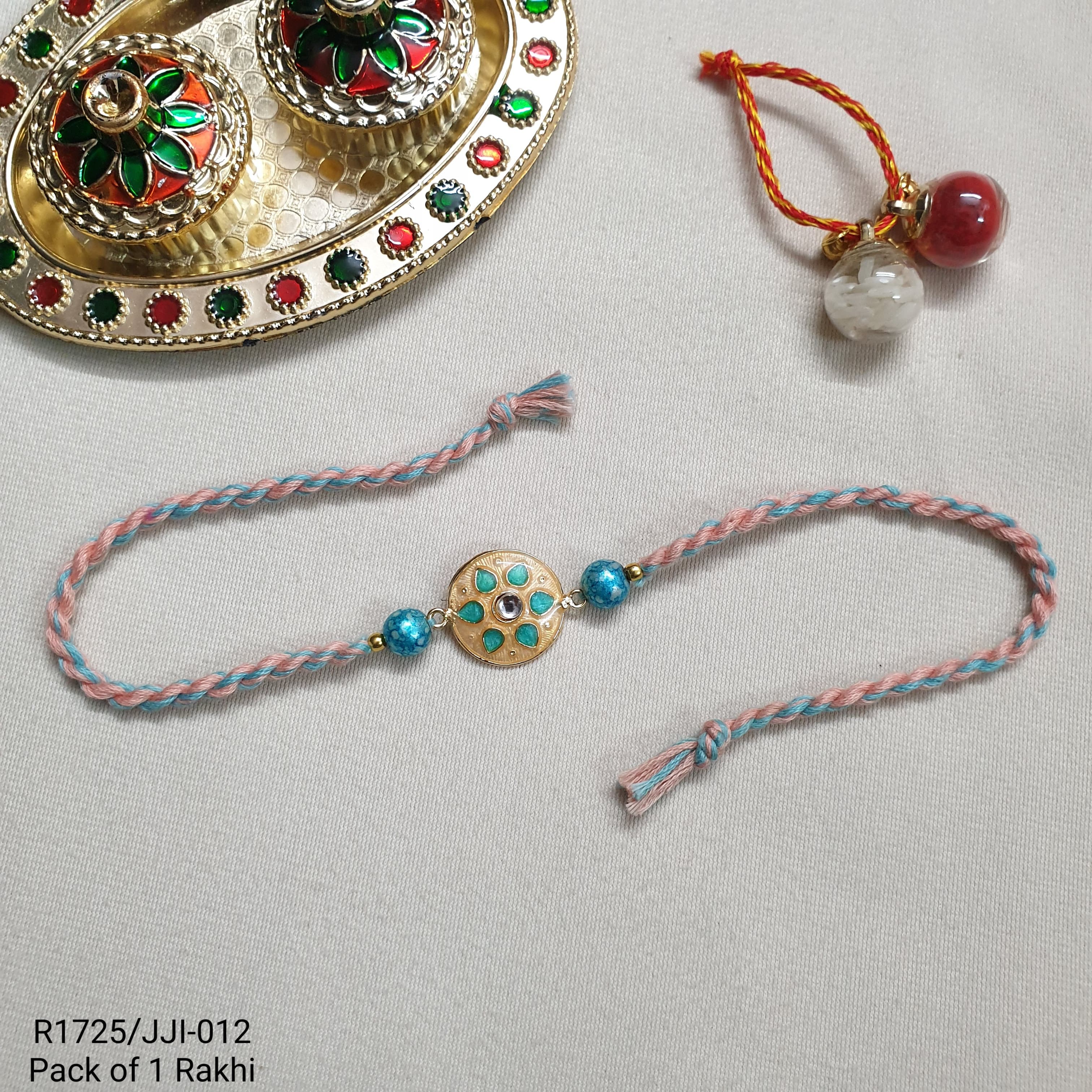 Light Peach Floral Kundan Enamel Rakhi
