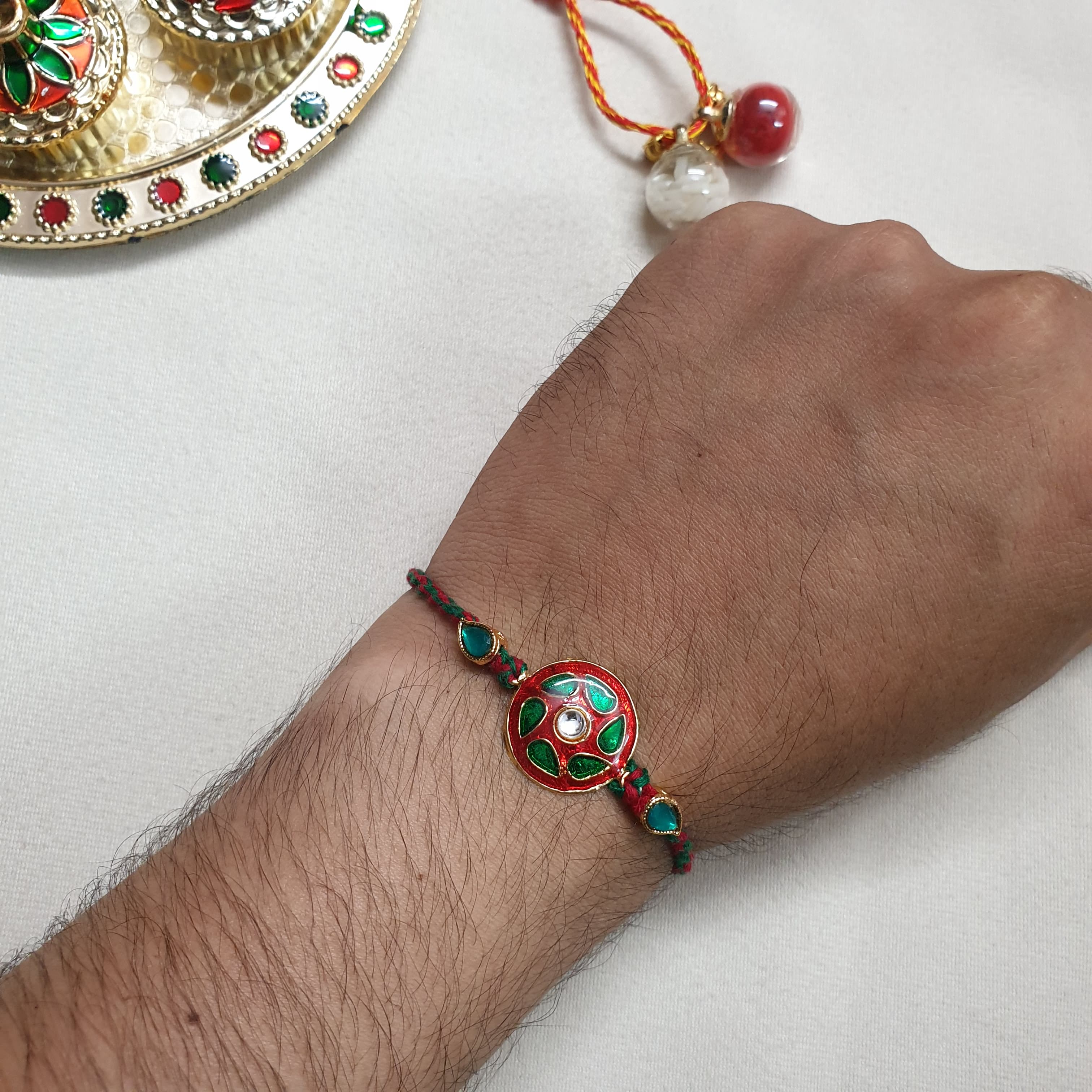 Red Green Floral Kundan Enamel Rakhi