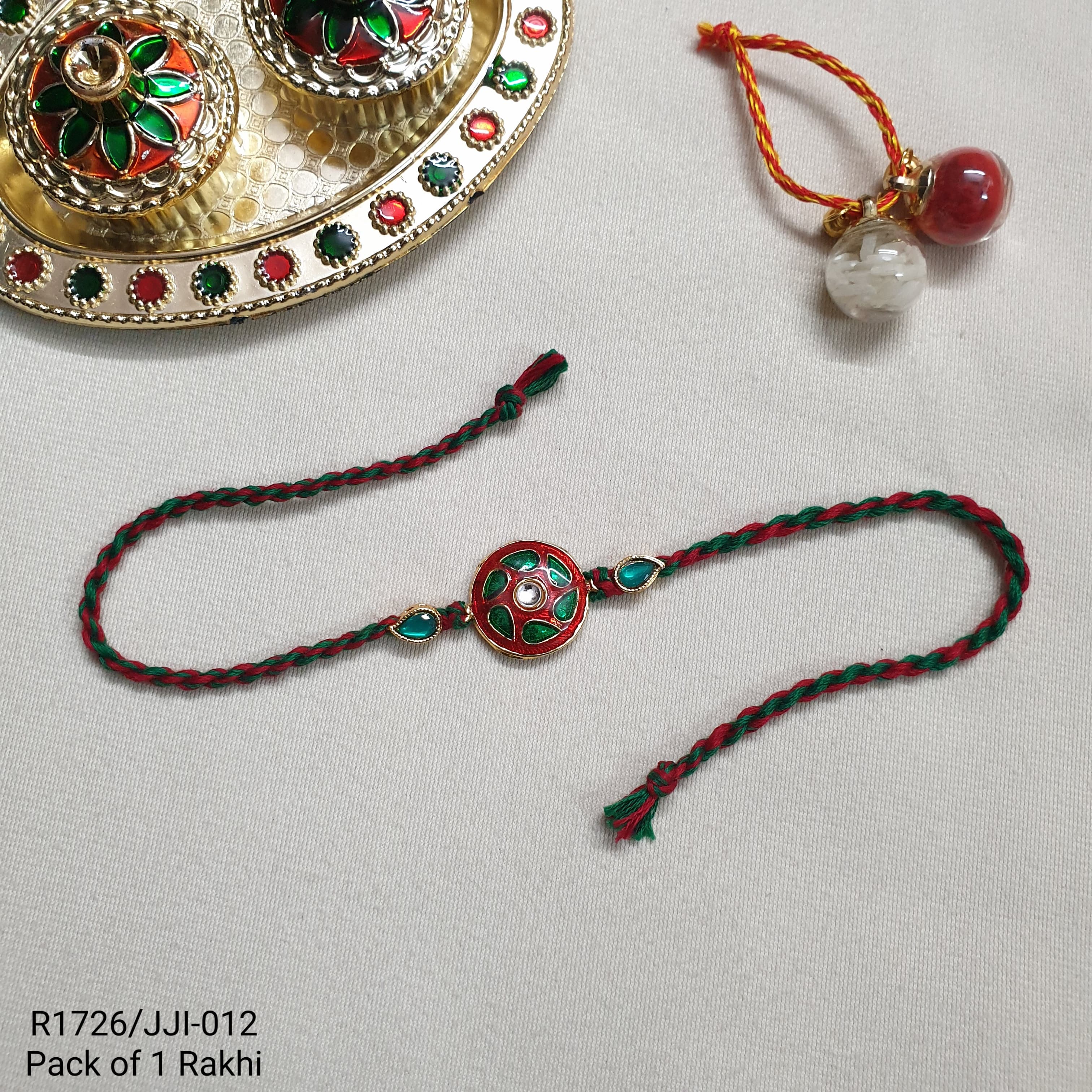 Red Green Floral Kundan Enamel Rakhi