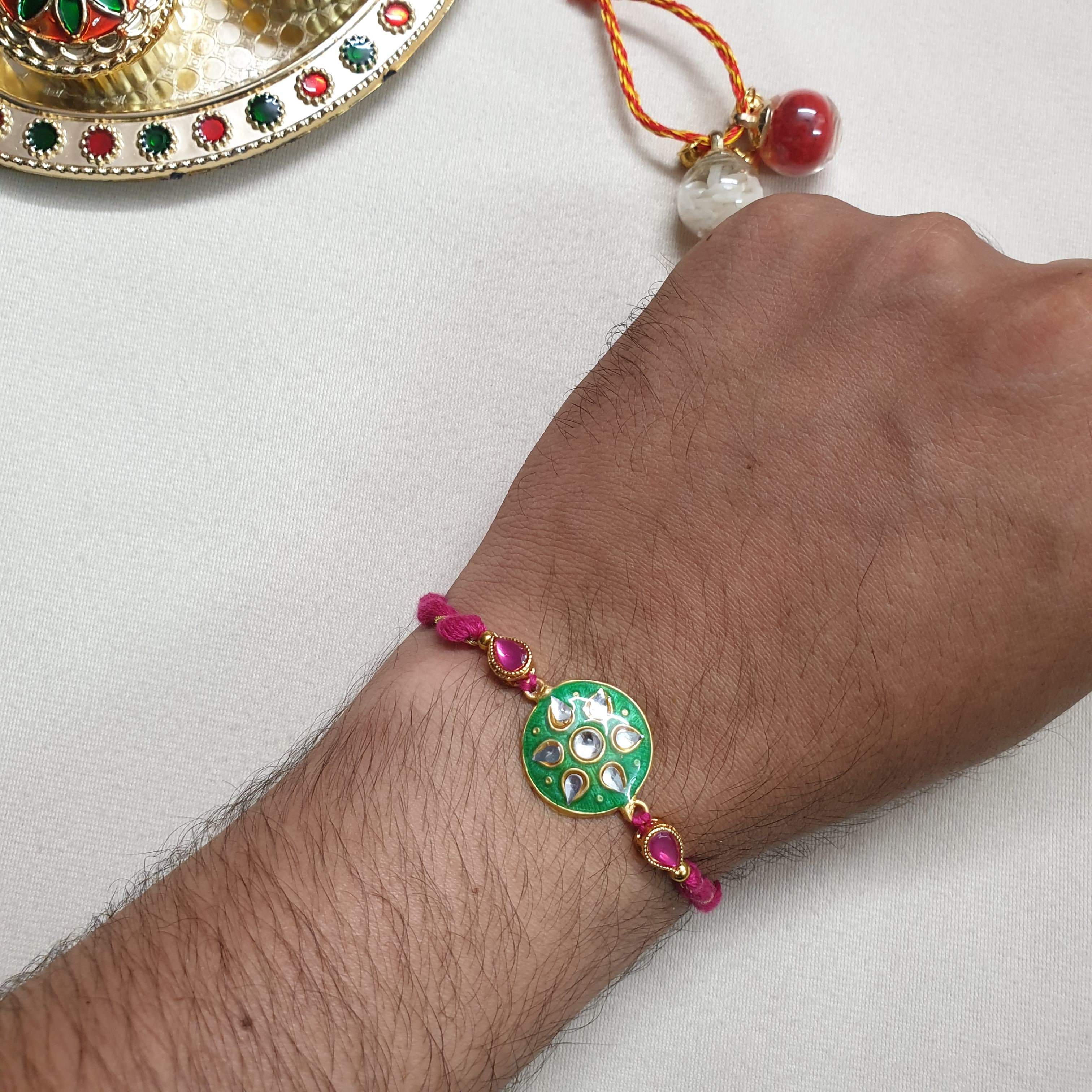 Green Floral Kundan Enamel Rakhi