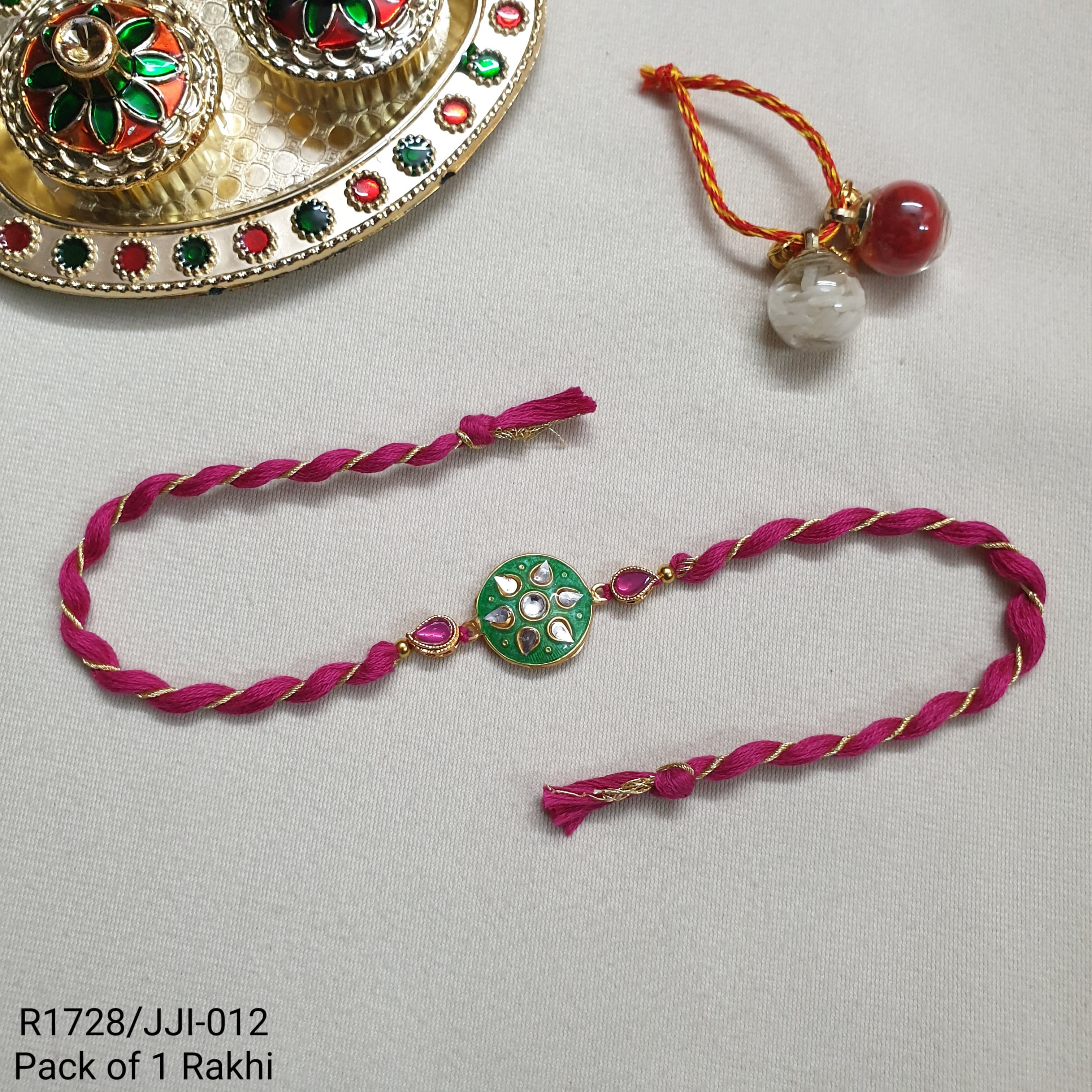 Green Floral Kundan Enamel Rakhi